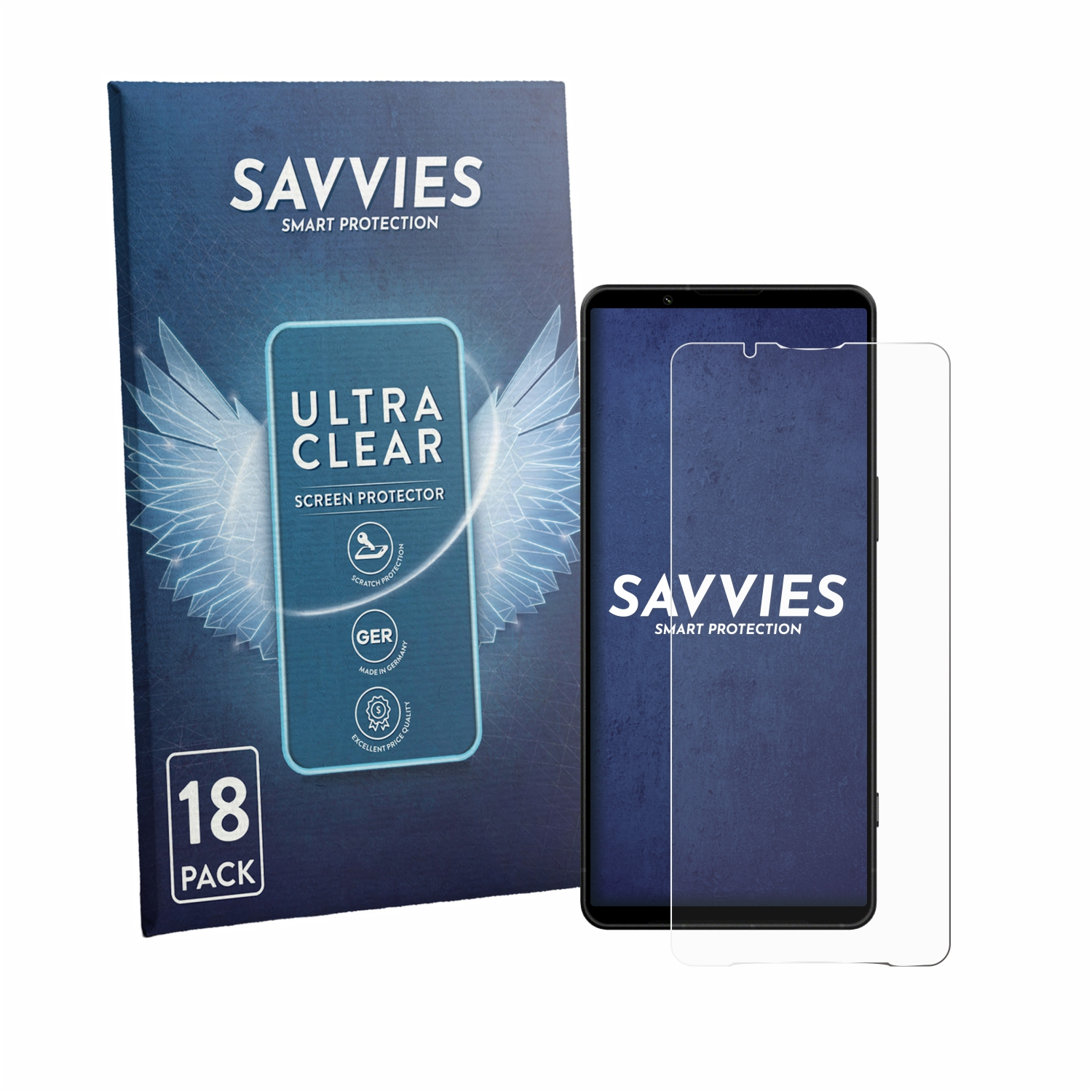 SAVVIES Displayschutzfolie 18er Pack neben einem Smartphone mit aufgesetzter Folie.