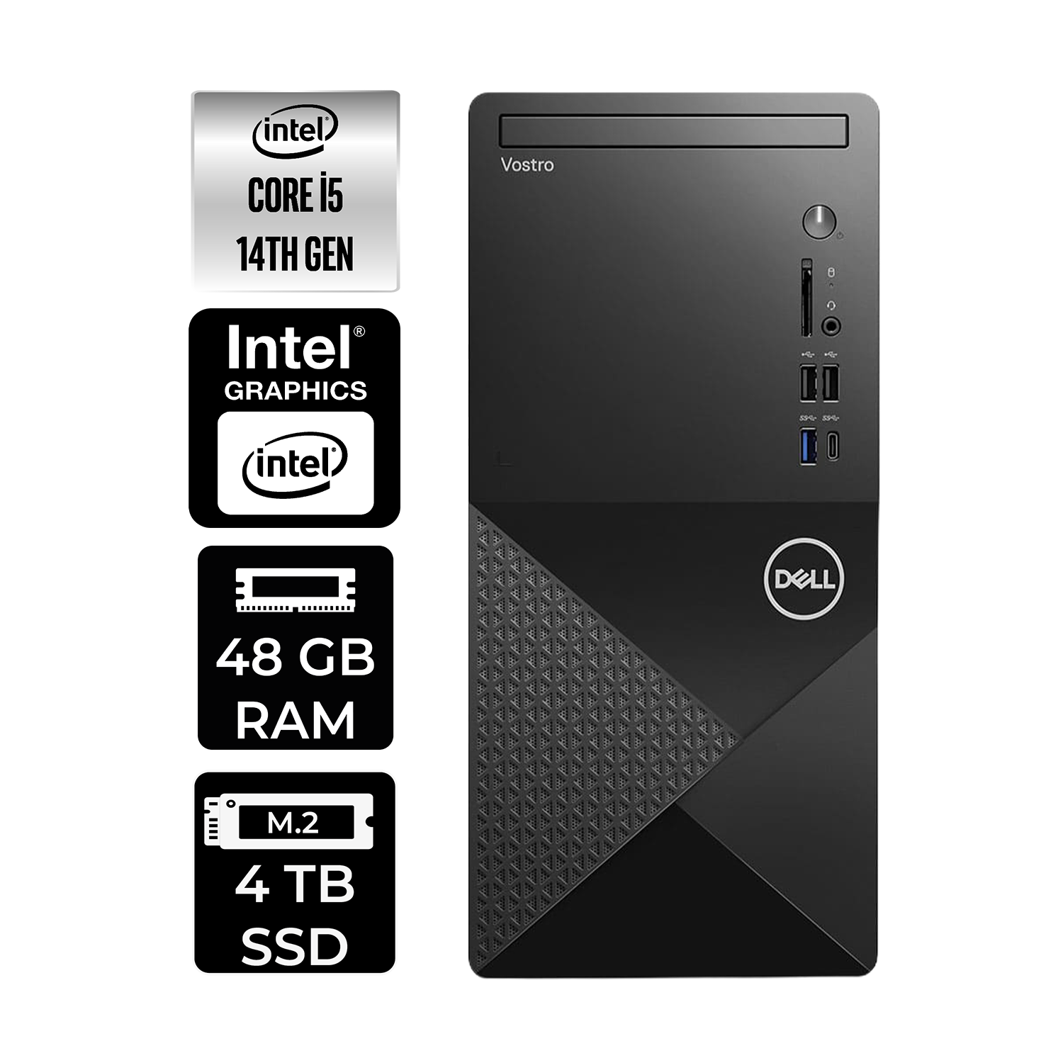 Intel Core i5 14. Nesil, 48GB RAM, 4TB SSD'li siyah Dell Vostro PC.