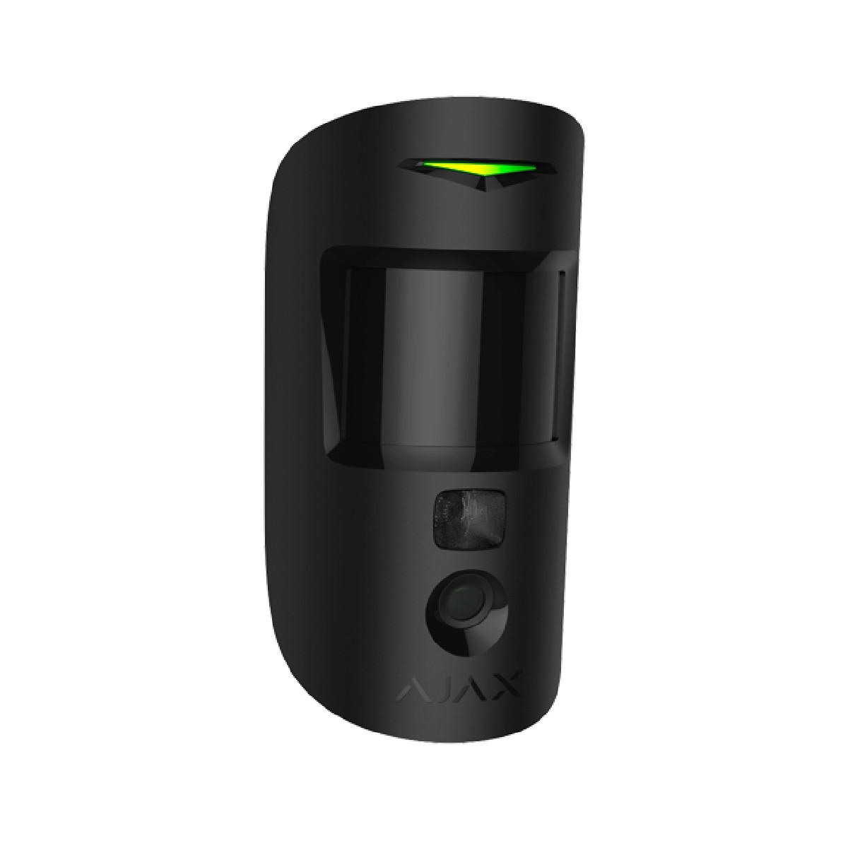 Un rilevatore di movimento nero con una striscia luminosa verde in alto.