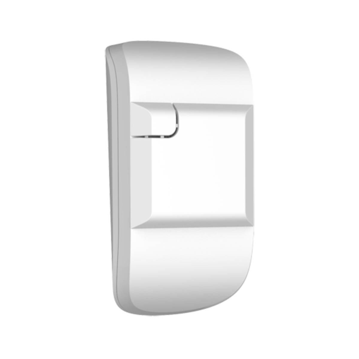 Un sensore di movimento bianco con finestra rettangolare e linee curve.