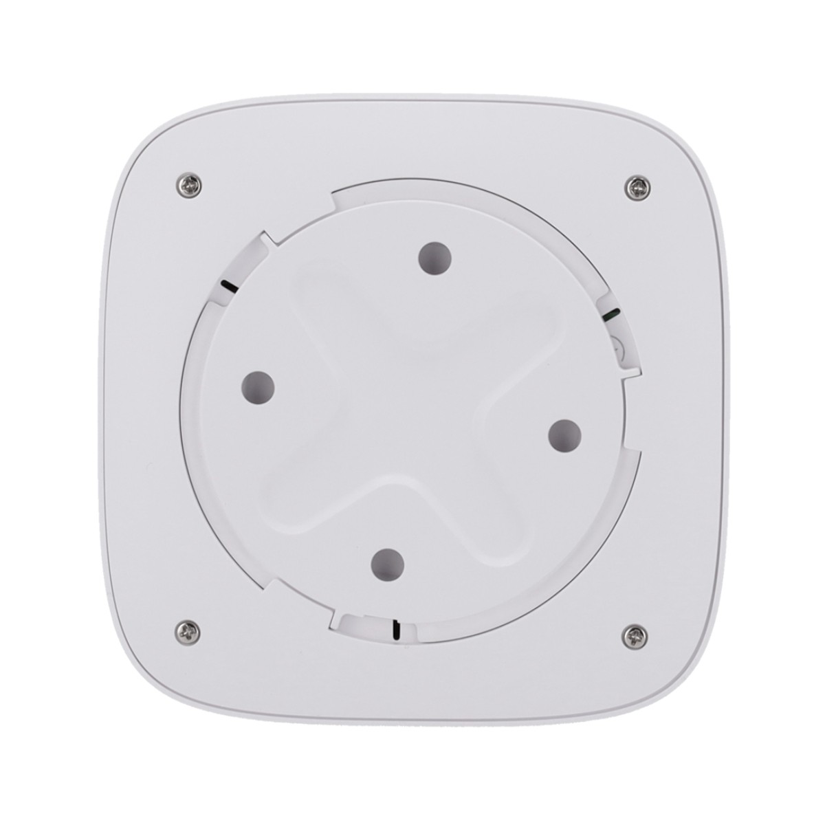 Parte inferiore di un dispositivo quadrato bianco con quattro viti e una rientranza circolare centrale.