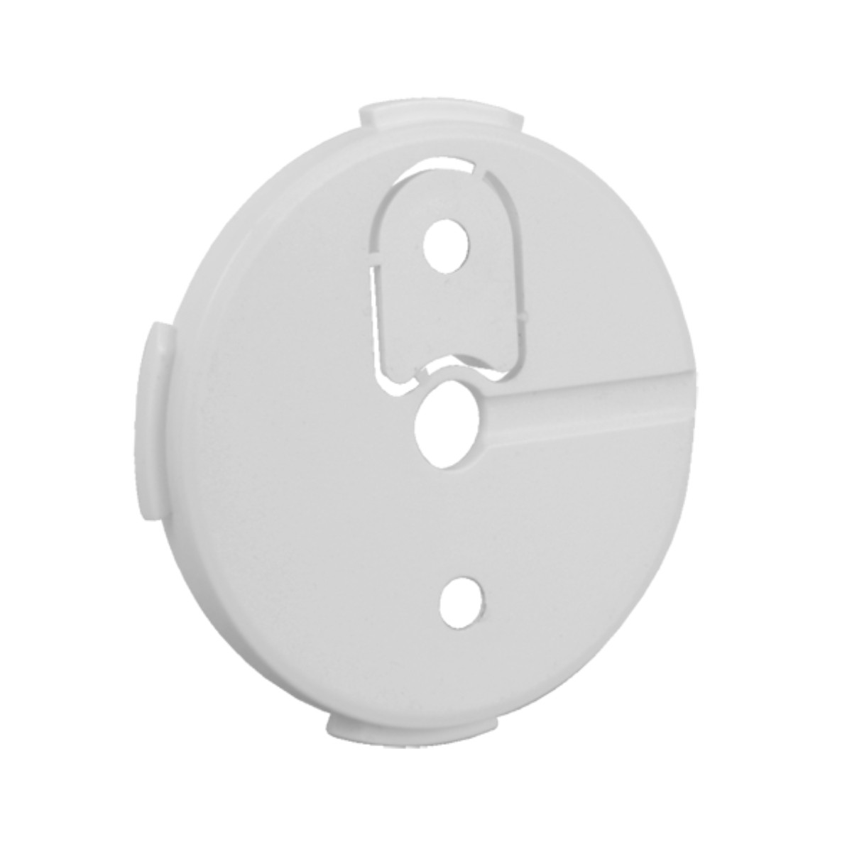 Un coperchio rotondo bianco con fessure e fori, isolato su sfondo bianco.