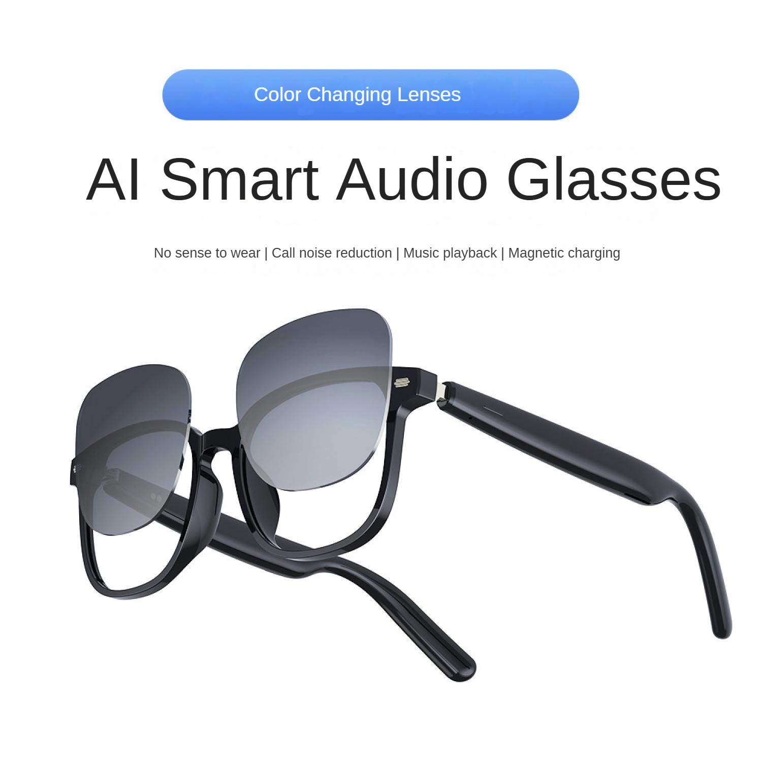 Schwarze KI-Audio-Smart-Brille mit Farbwechselgläsern und magnetischem Lade.
