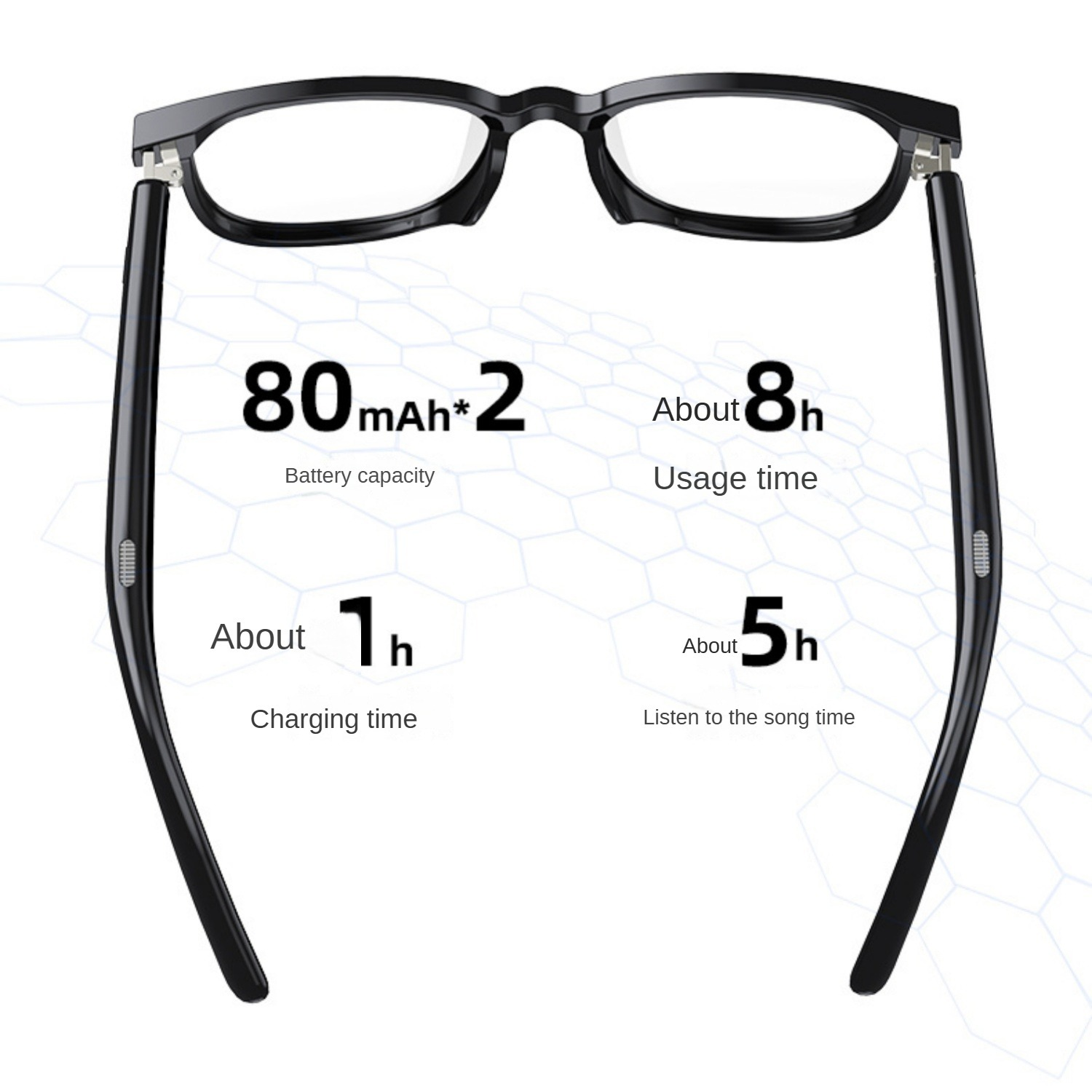 Schwarze Brille mit technischen Daten: 80 mAh Akku, 8 Std. Nutzung, 1 Std. Ladezeit, 5 Std. Musik.