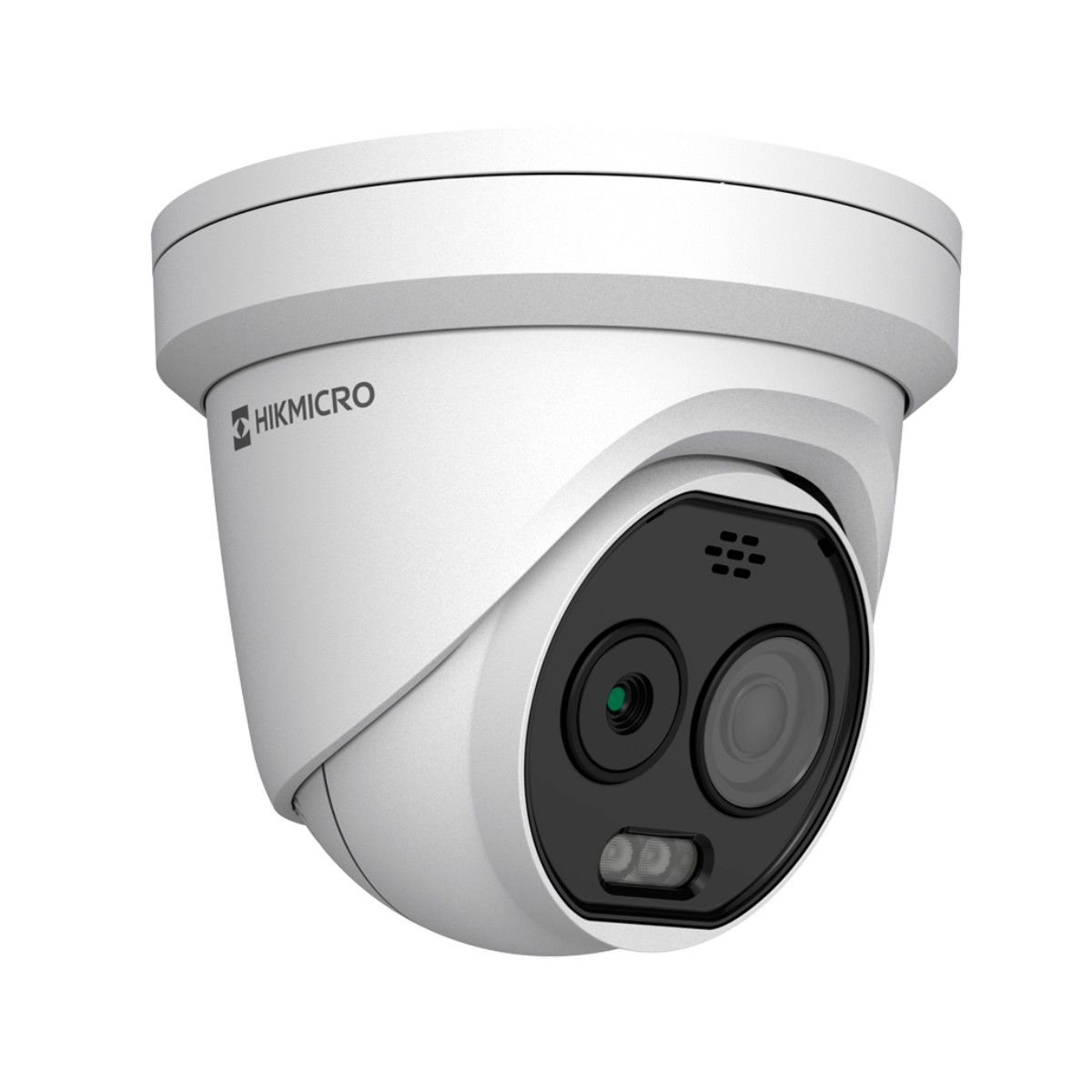 Una telecamera di sicurezza Hikmicro bianca con due lenti e luce a infrarossi.
