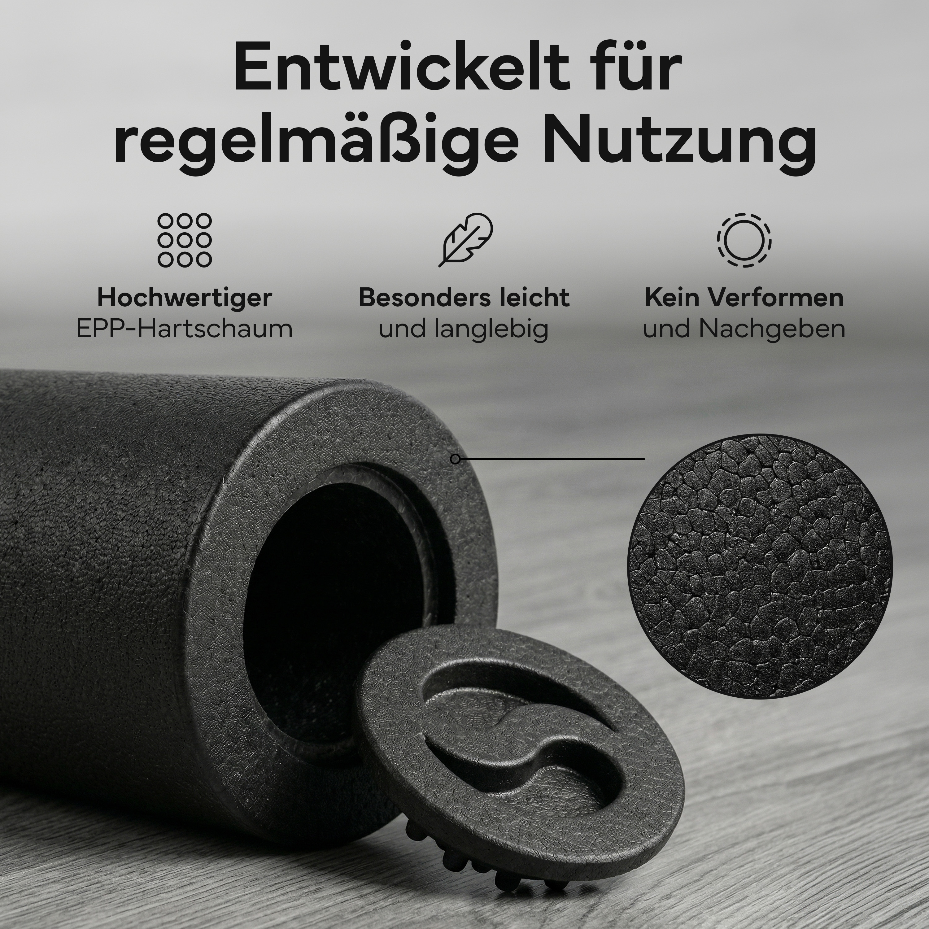 Schwarzer Schaumstoff-Roller für Fitness mit Text und Icons.