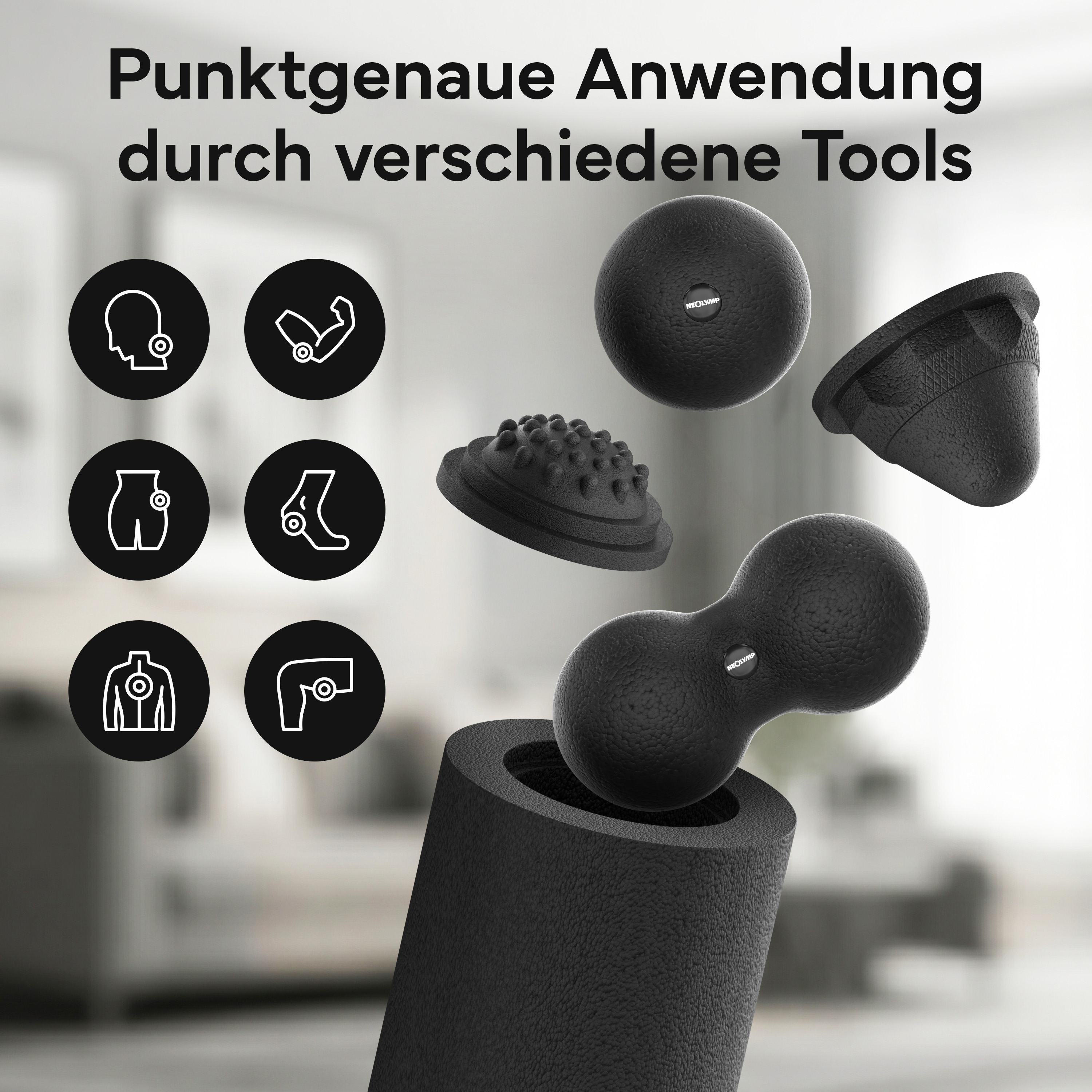 Schwarze Massagegeräte: Ball, Doppelball, Igelball, Becher und Schaumstoffrolle.