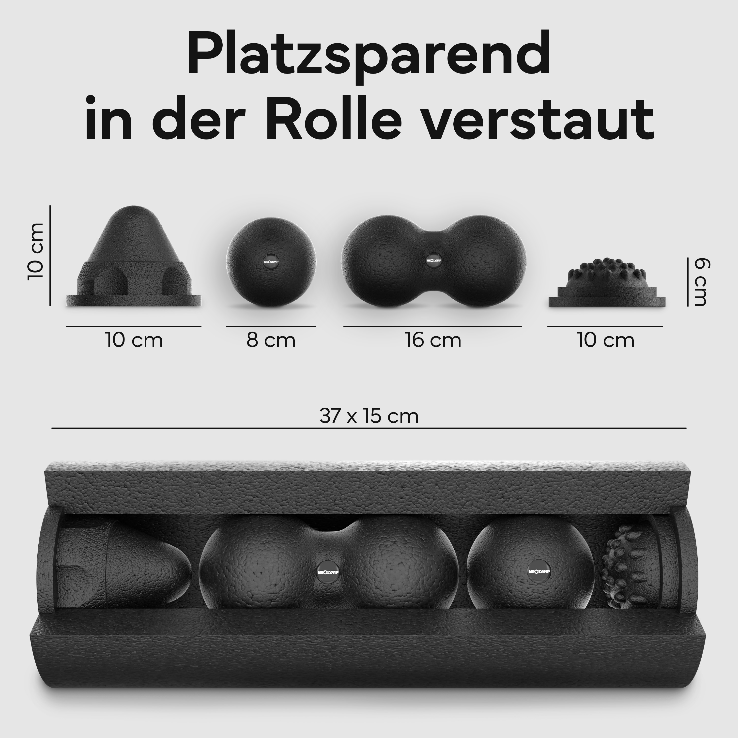 Fünf schwarze Massagegeräte in einer Rolle: Kegel, Ball, Doppelball, Igelball.