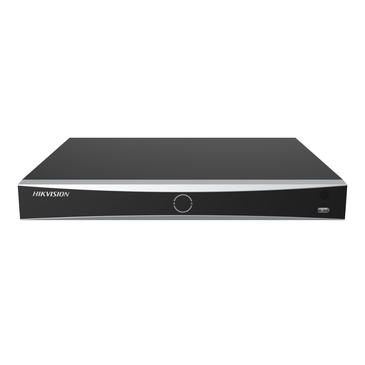 Un registratore Hikvision nero e sottile con cornice argentata e porta USB.