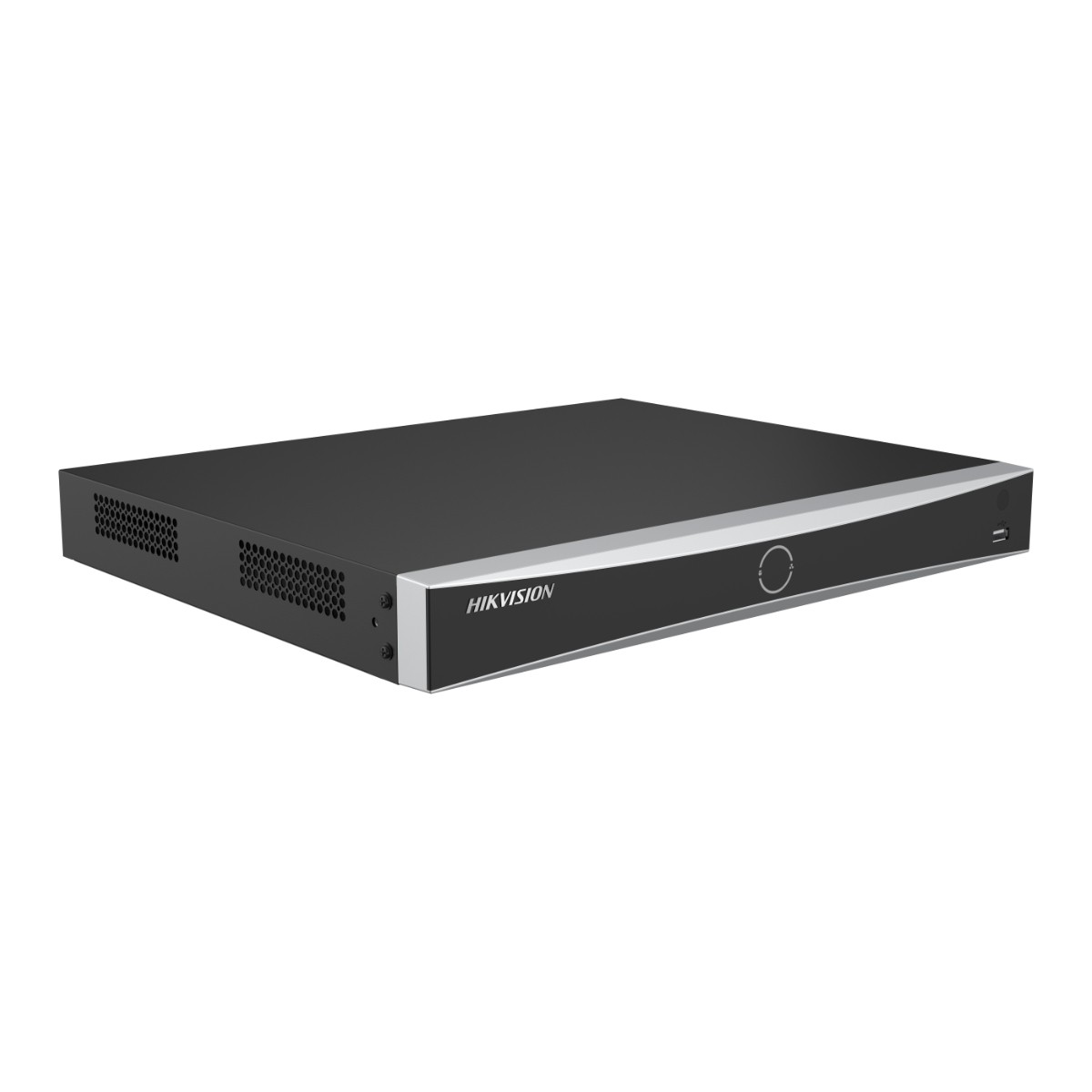 Registratore Hikvision nero con prese d'aria laterali e pannello frontale argentato.