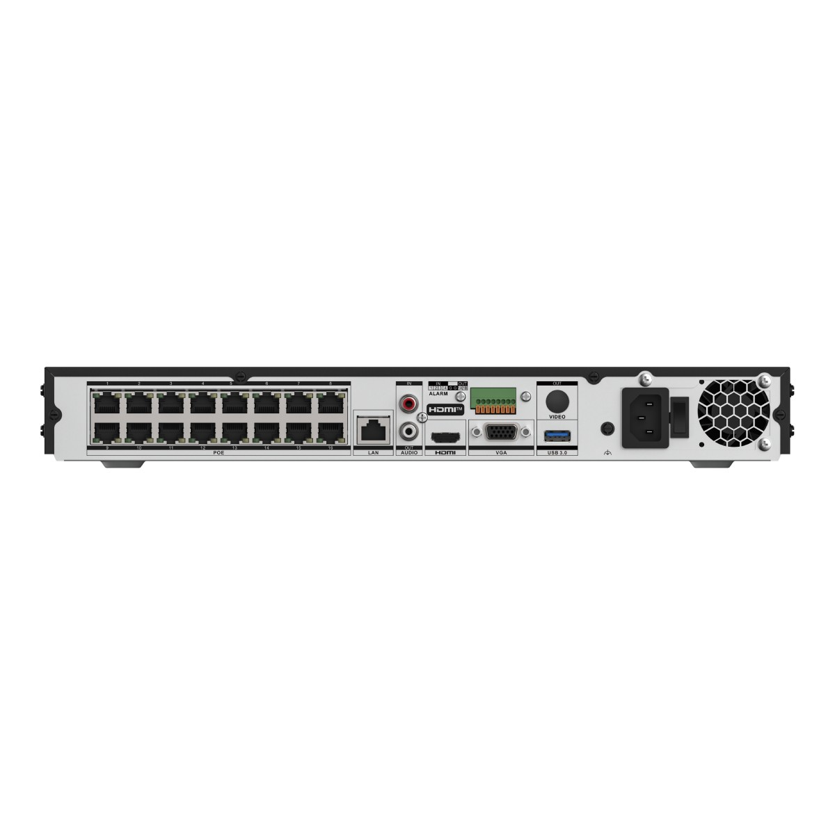 Retro di un registratore di rete con porte POE, LAN, HDMI, USB e connettore di alimentazione.