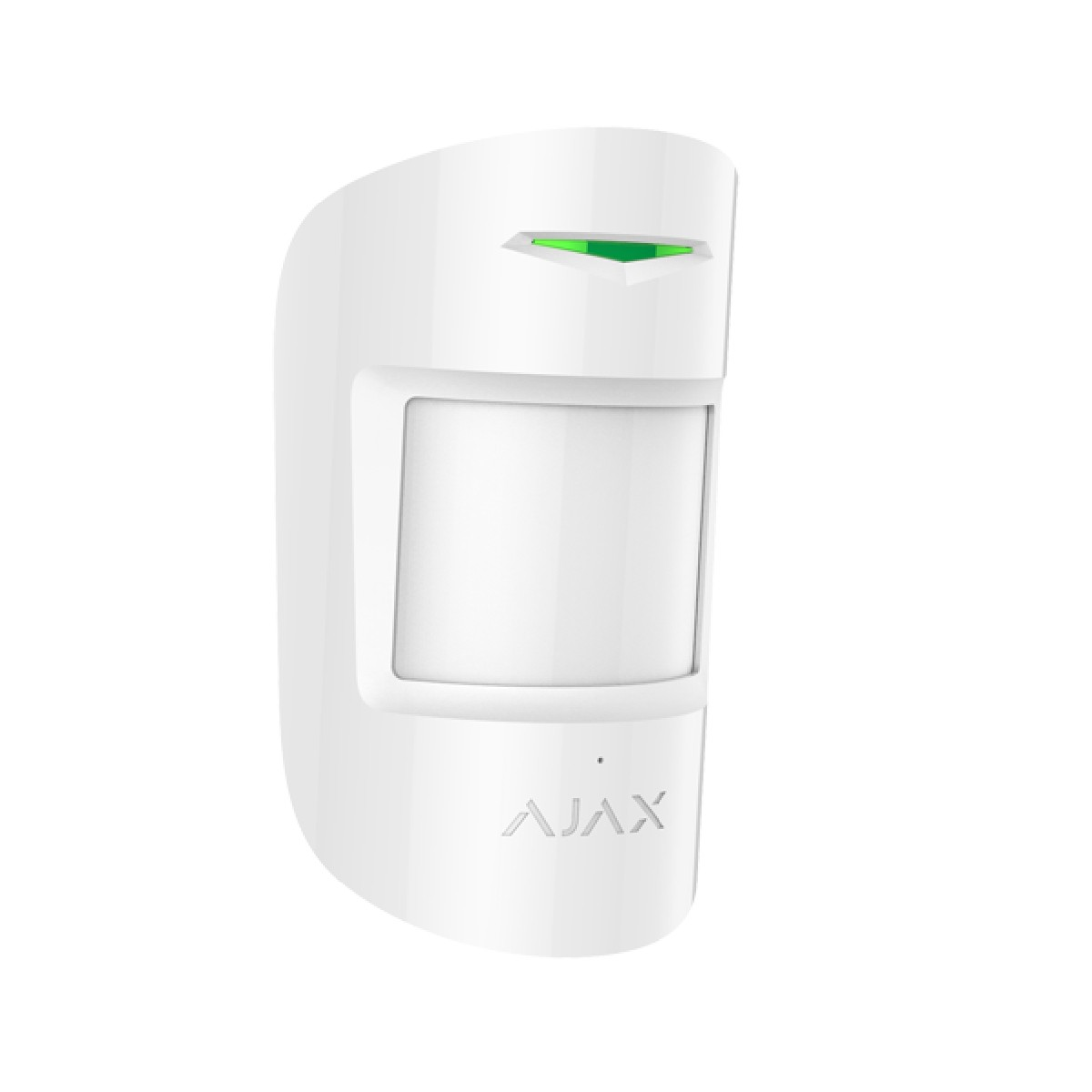 Sensore di movimento Ajax bianco con spia verde e lente trasparente.