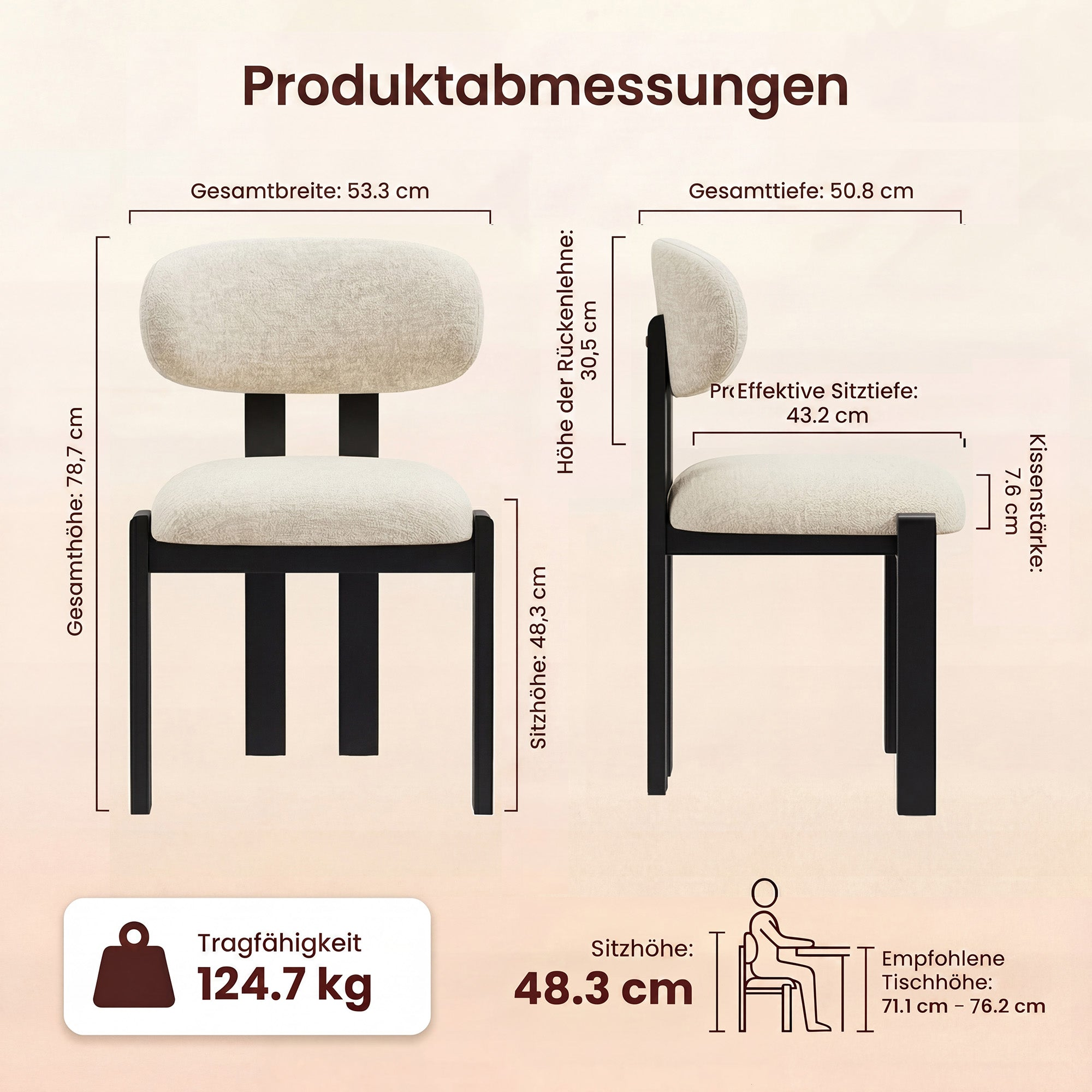 Produktabmessungen eines Stuhls mit Maßen wie Gesamthöhe, Breite, Tiefe und Sitzhöhe.