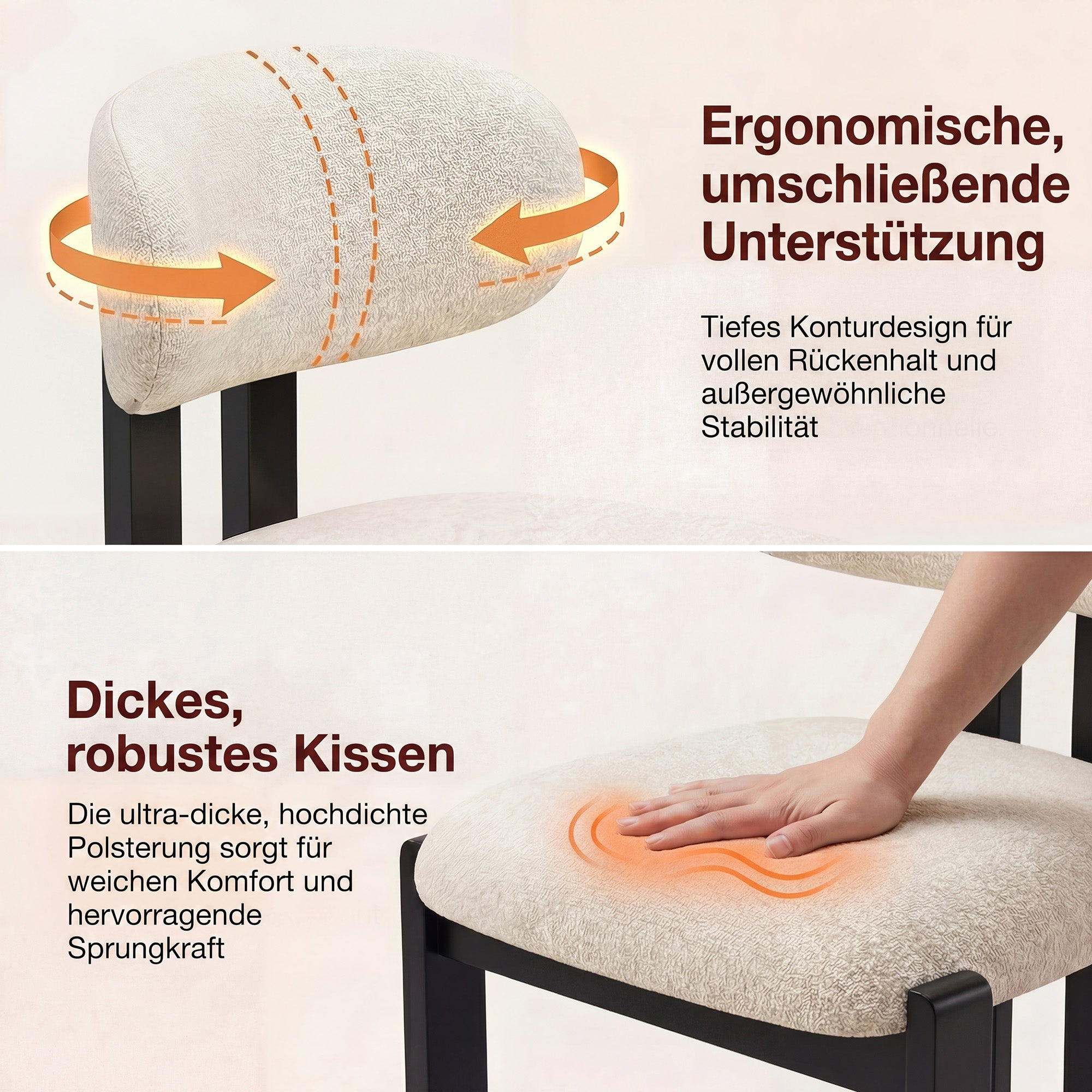 Bilder zeigen Kissen für Stuhl, mit Text über Komfort und Unterstützung.