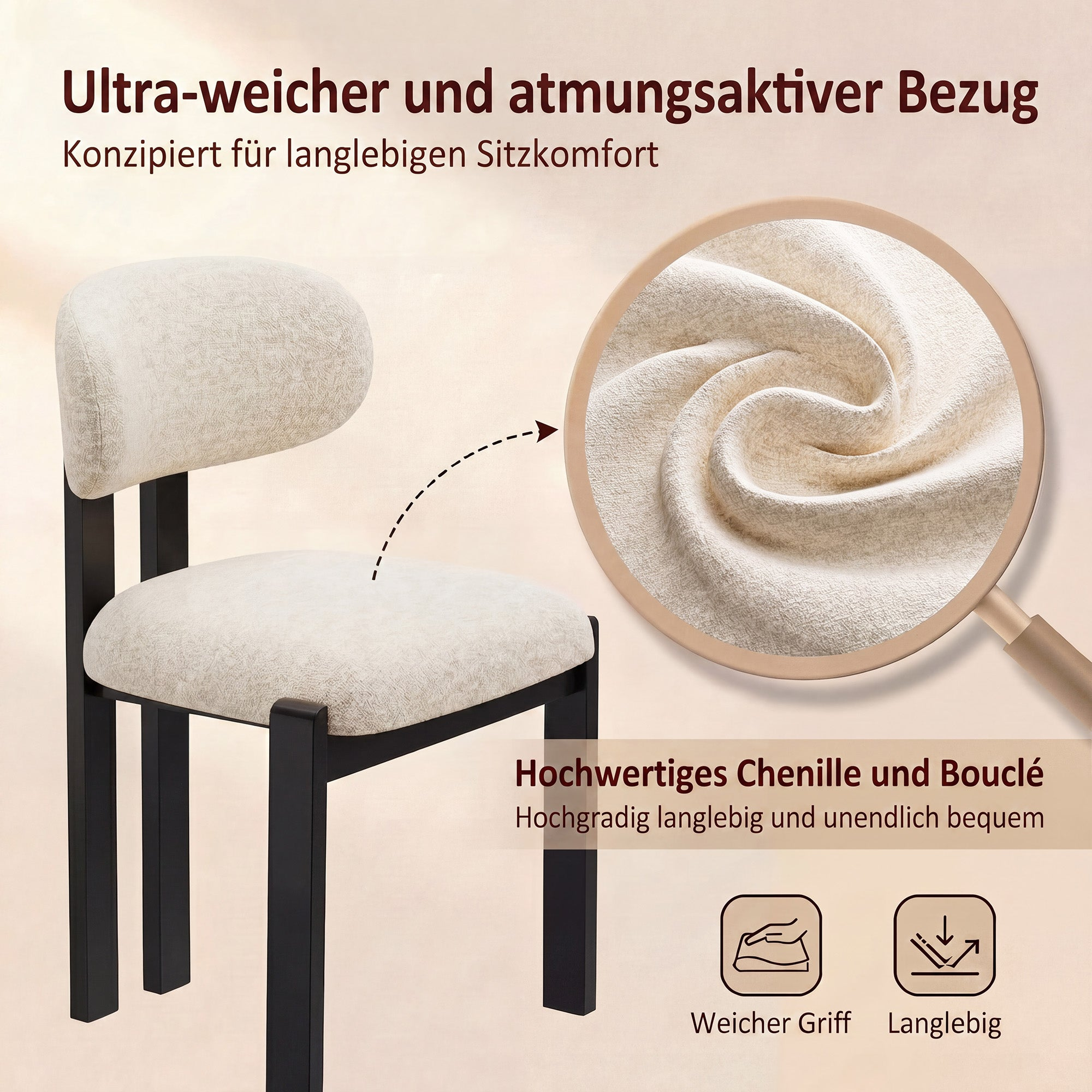 Ein beiger Bouclé-Stuhl mit schwarzen Beinen, Nahaufnahme des Stoffes.