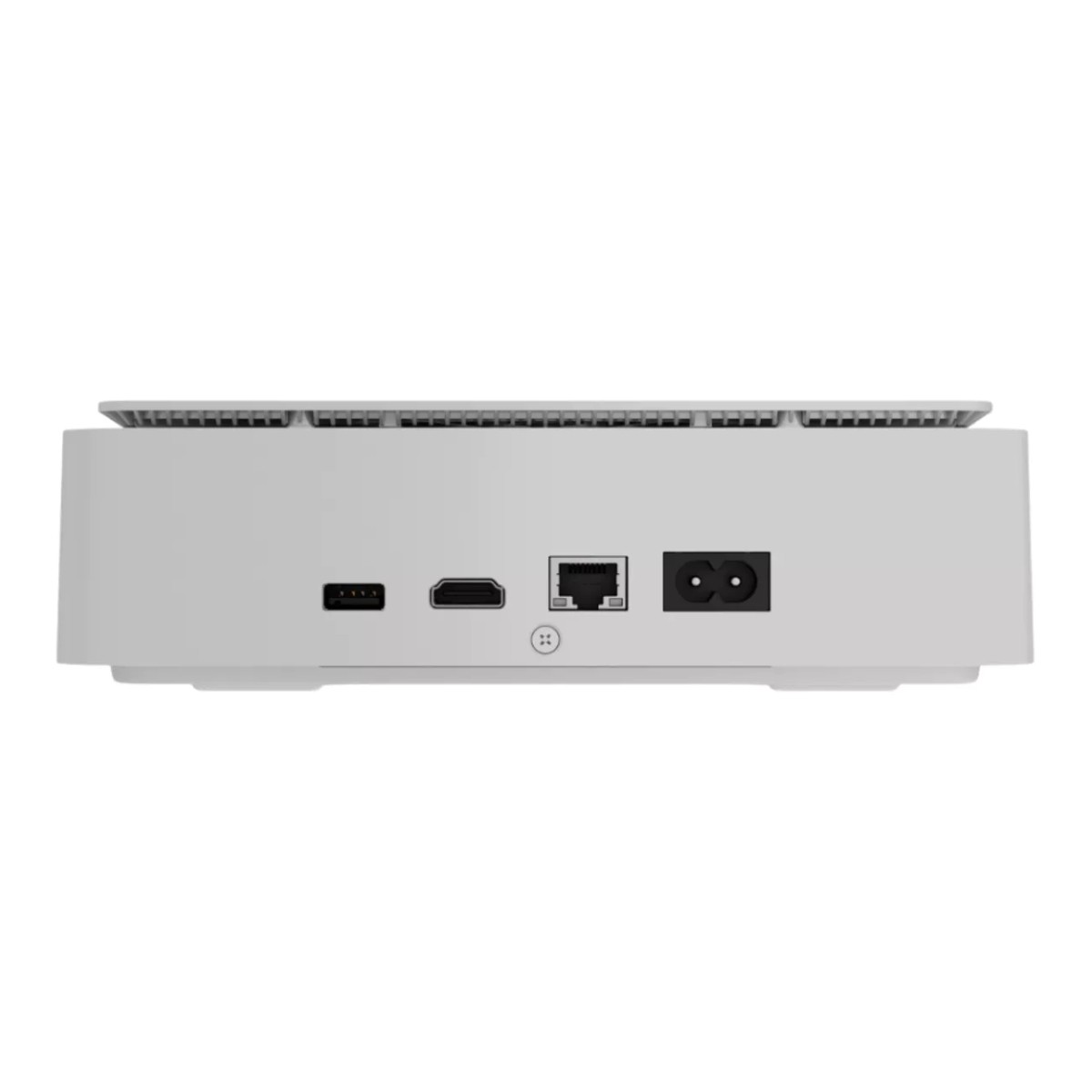 Scatola bianca con porte: USB, HDMI, LAN e alimentazione.