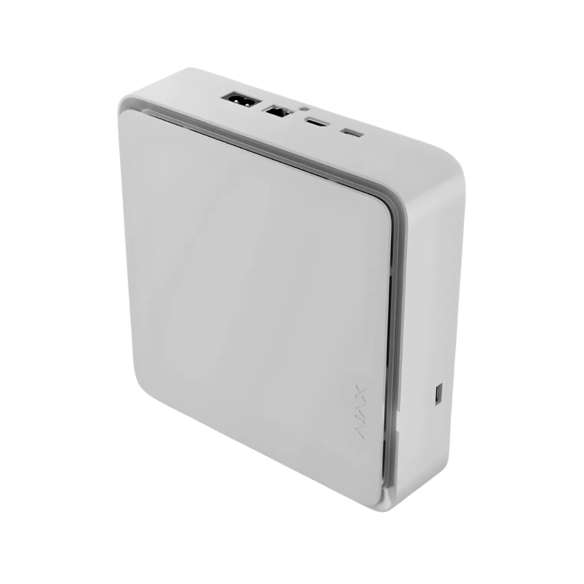 Un dispositivo elettronico rettangolare bianco con porte sulla superficie superiore.