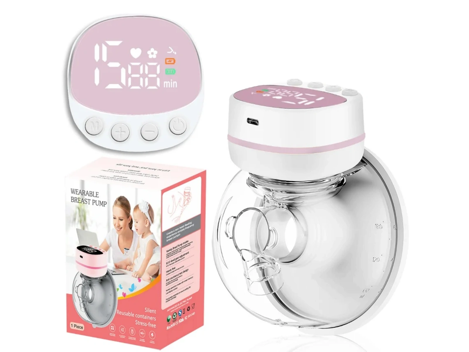 Ein tragbares rosa Milchpumpen-Set mit digitaler Anzeige und Zubehör.
