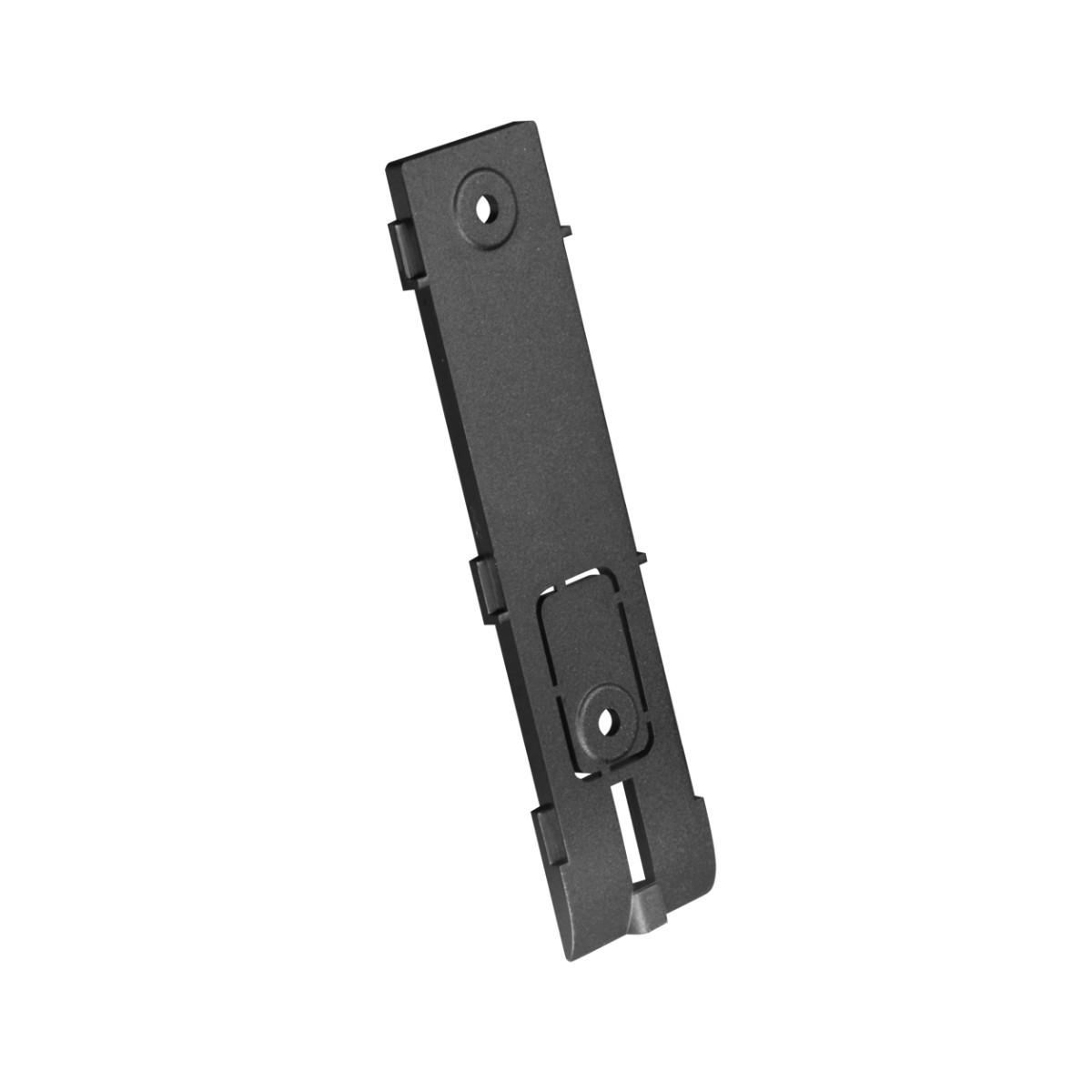 Un pezzo di plastica nero con fori per viti e fessure, su sfondo bianco.