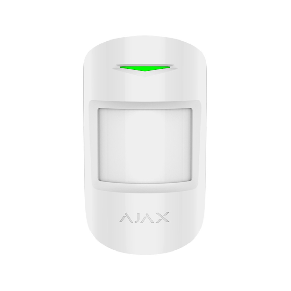 Un rilevatore di movimento bianco AJAX con una luce LED verde in alto.