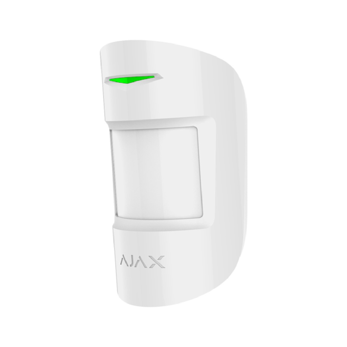 Un sensore di movimento bianco con un indicatore LED verde e il logo AJAX.
