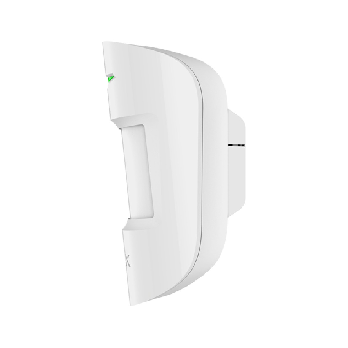 Sensore di movimento bianco con spia verde, montato su sfondo bianco.