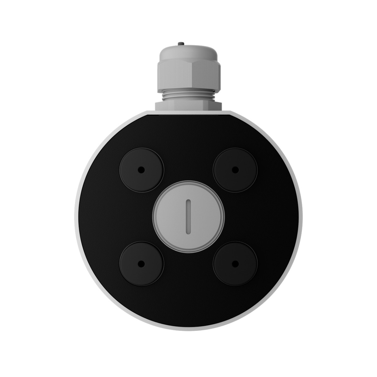 Dispositivo grigio con frontale nero e pulsante grigio centrale.