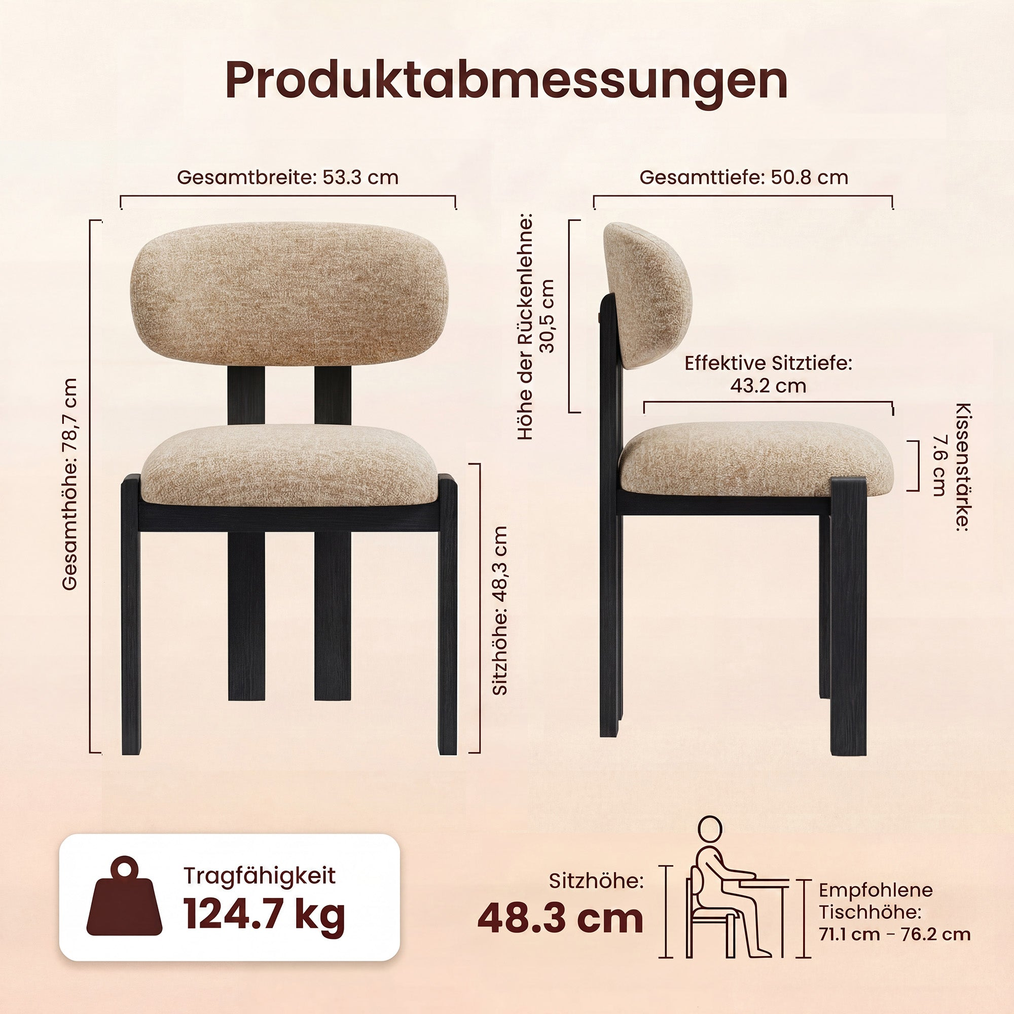 Produktabmessungen eines Stuhls: Breite 53,3 cm, Tiefe 50,8 cm, Höhe 78,7 cm.