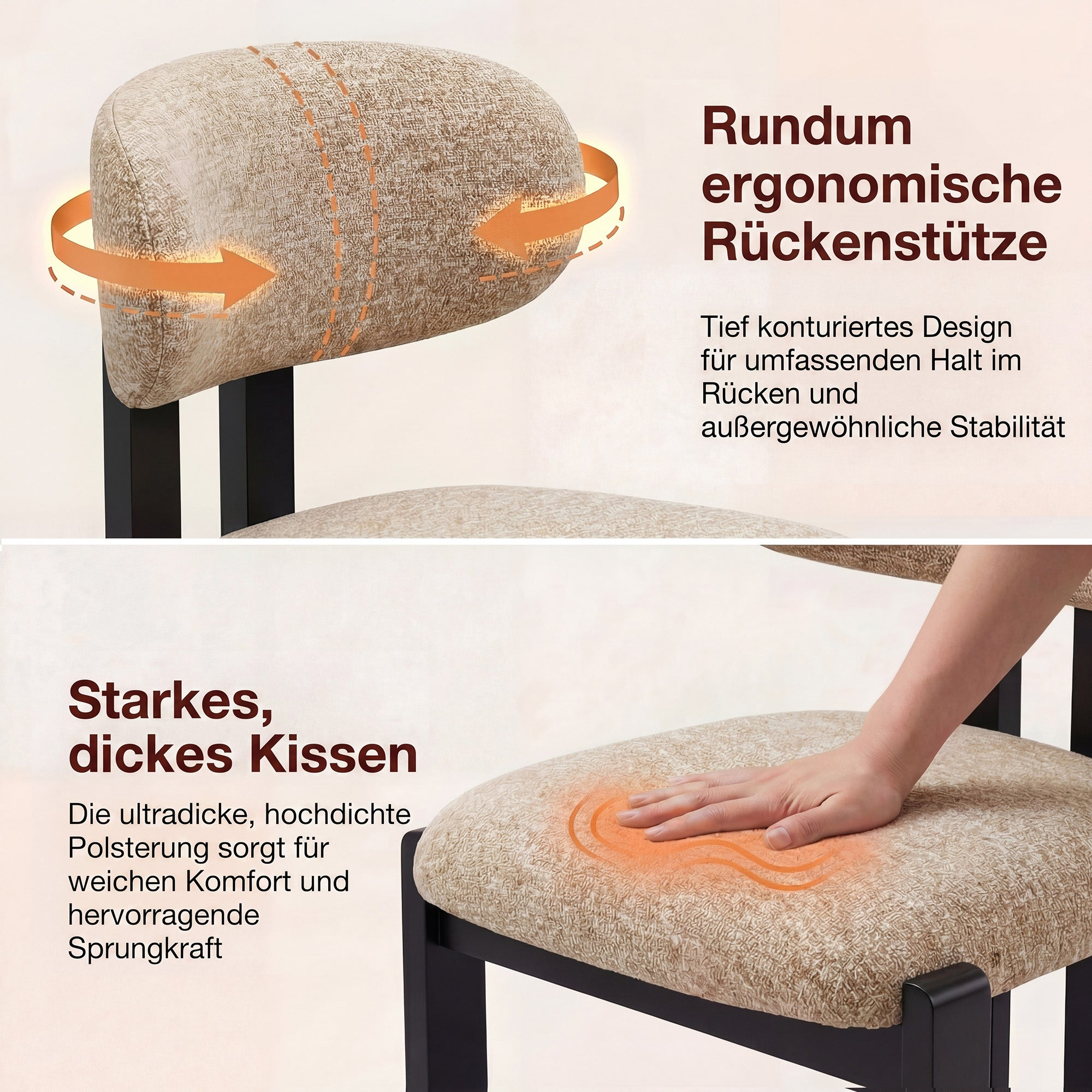 Ergonomische Rückenlehne und dickes Kissen eines Stuhls.