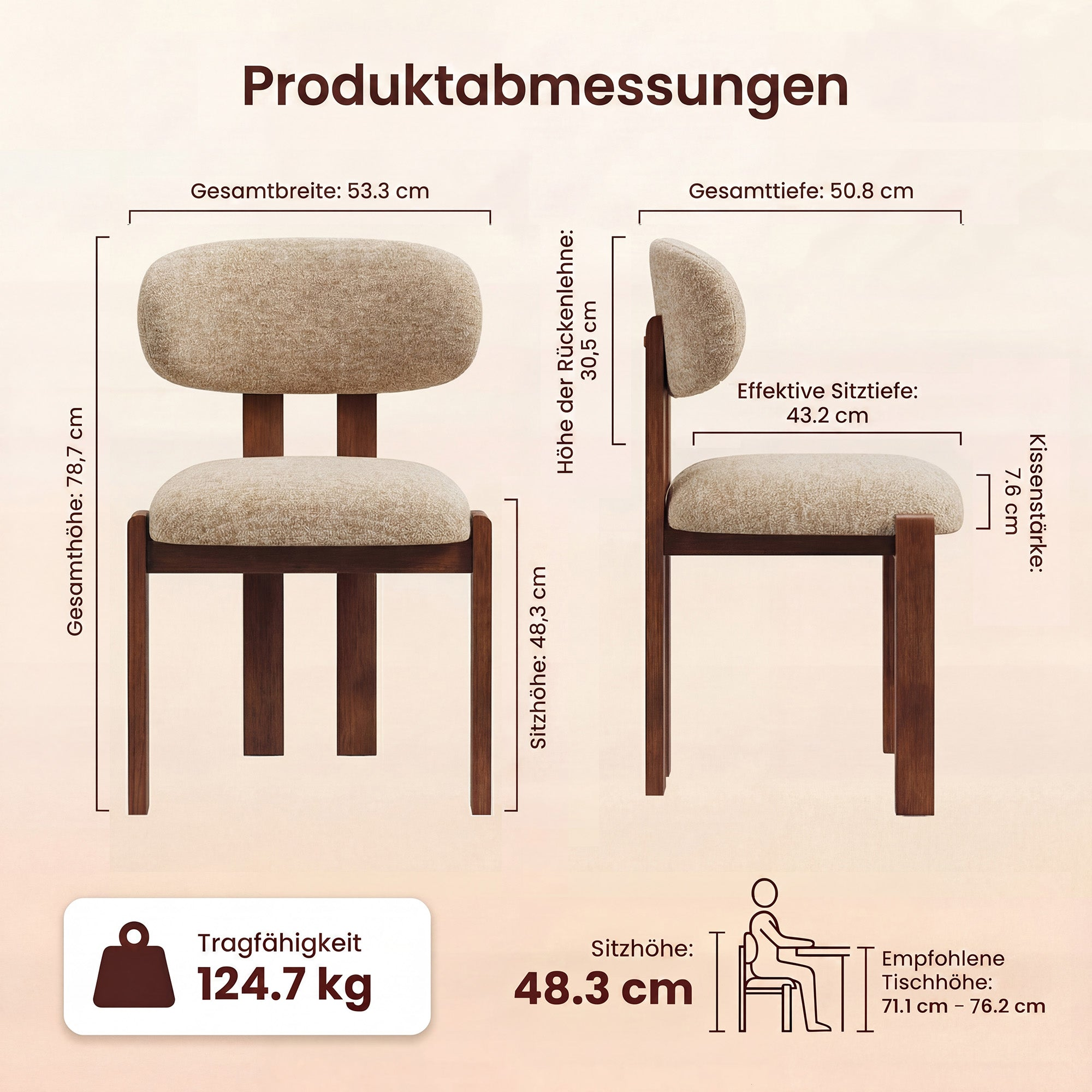 Produktabmessungen eines Stuhls: Breite 53,3cm, Tiefe 50,8cm, Höhe 78,7cm.