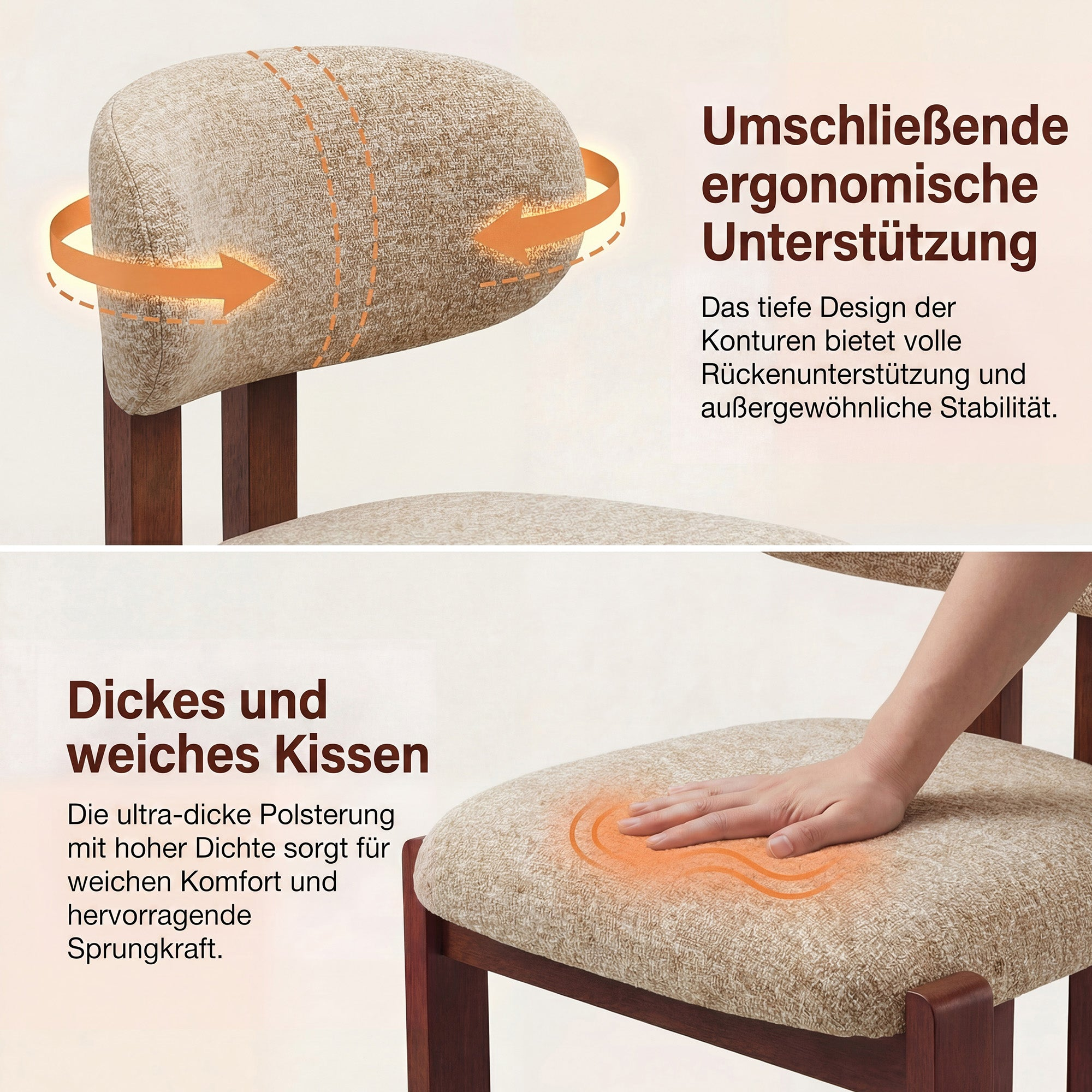 Eine Hand drückt auf ein gepolstertes Kissen. Ein Kissen stützt den Rücken.