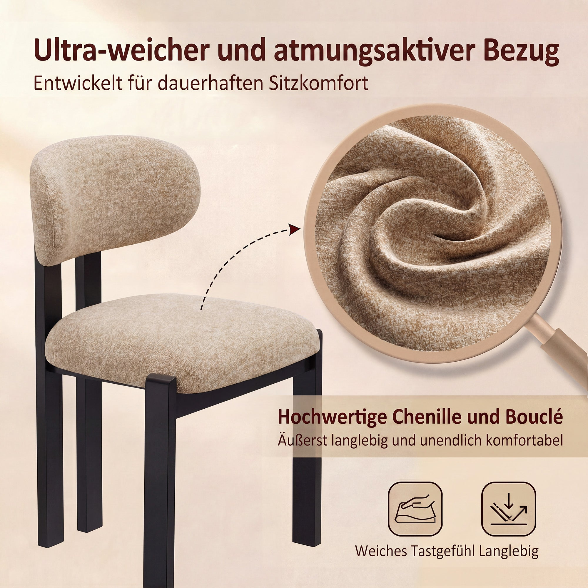 Ein beiger Chenille-Stuhl mit schwarzen Beinen, Nahaufnahme des Stoffes.