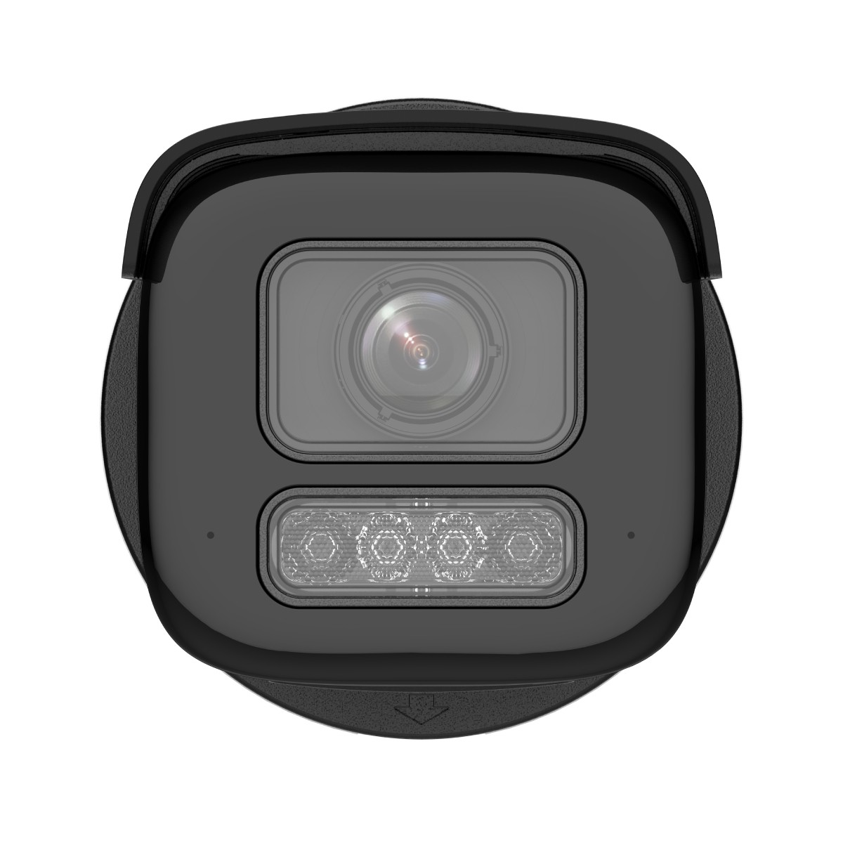 Primo piano di una telecamera di sicurezza nera con obiettivo e luci a LED.