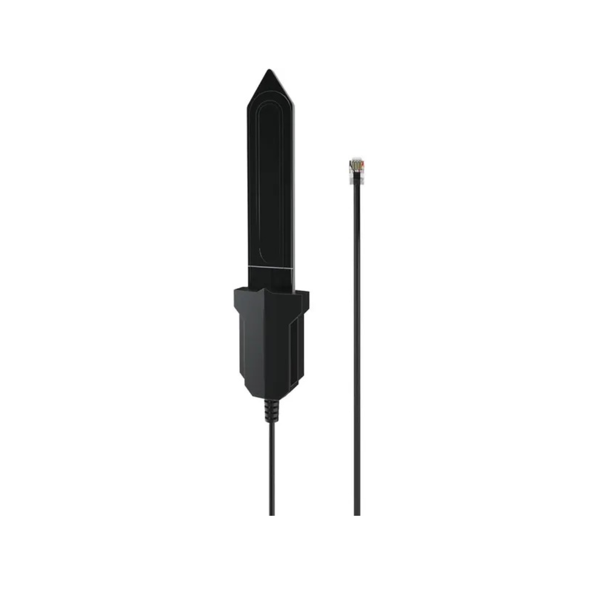 Un'antenna nera a punta e un cavo con jack telefonico.
