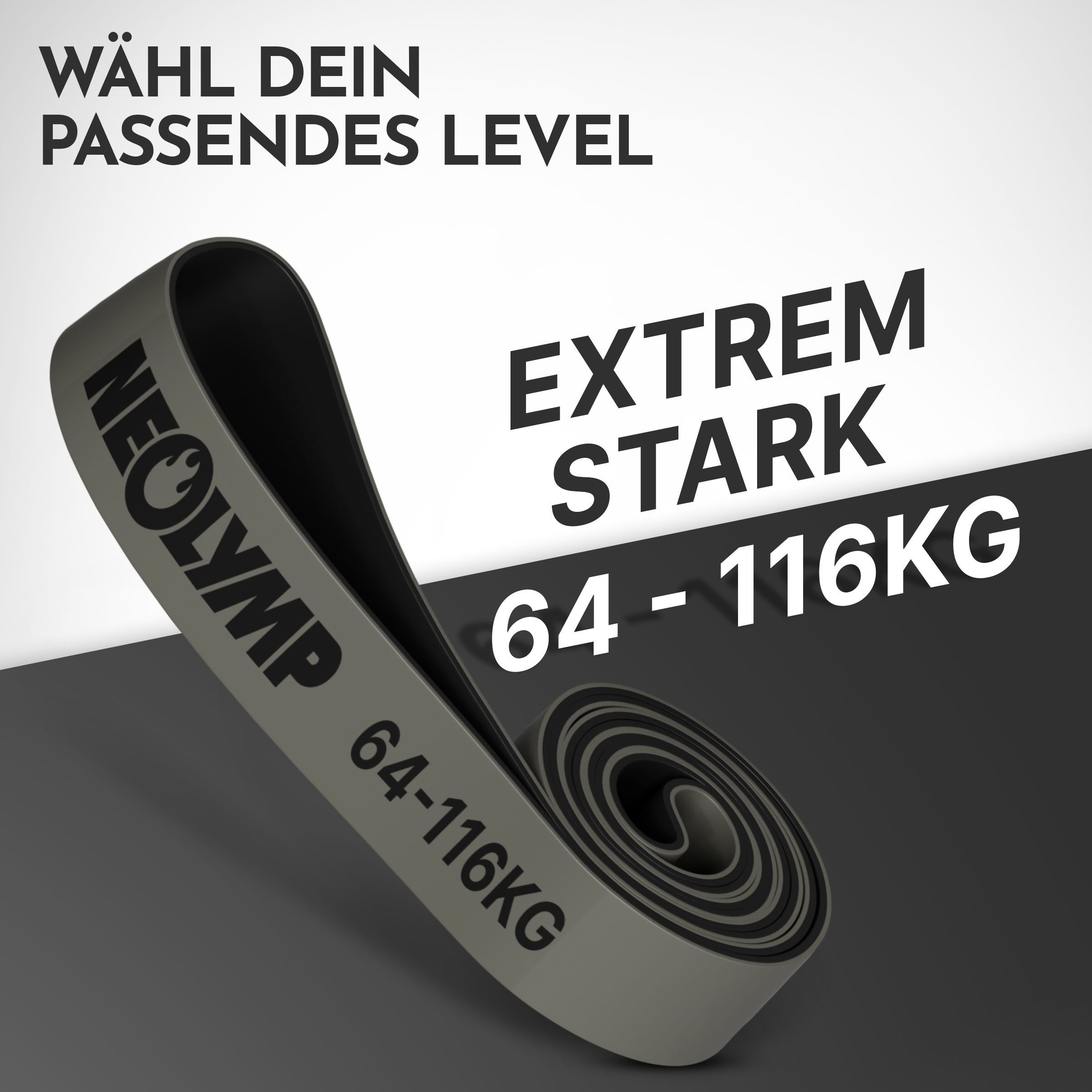Graues Widerstandsband mit schwarzem Aufdruck NEOLYMP, 64-116KG.