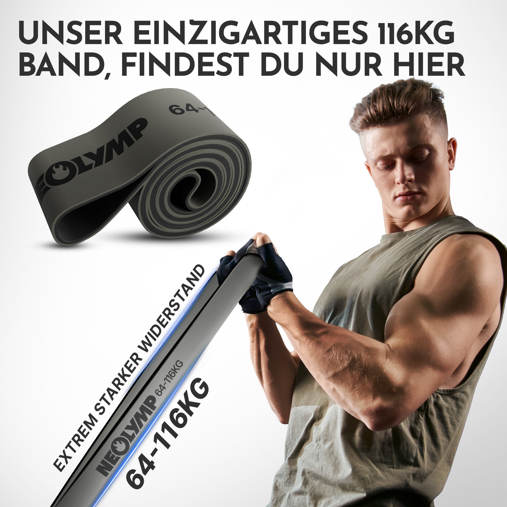 Ein Mann mit einem grauen Band, das für Widerstandstraining gedacht ist.