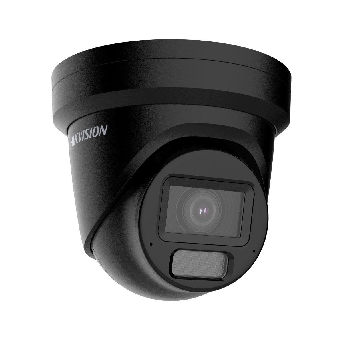 Telecamera di sicurezza a cupola nera Hikvision con corpo rotondo e lente.