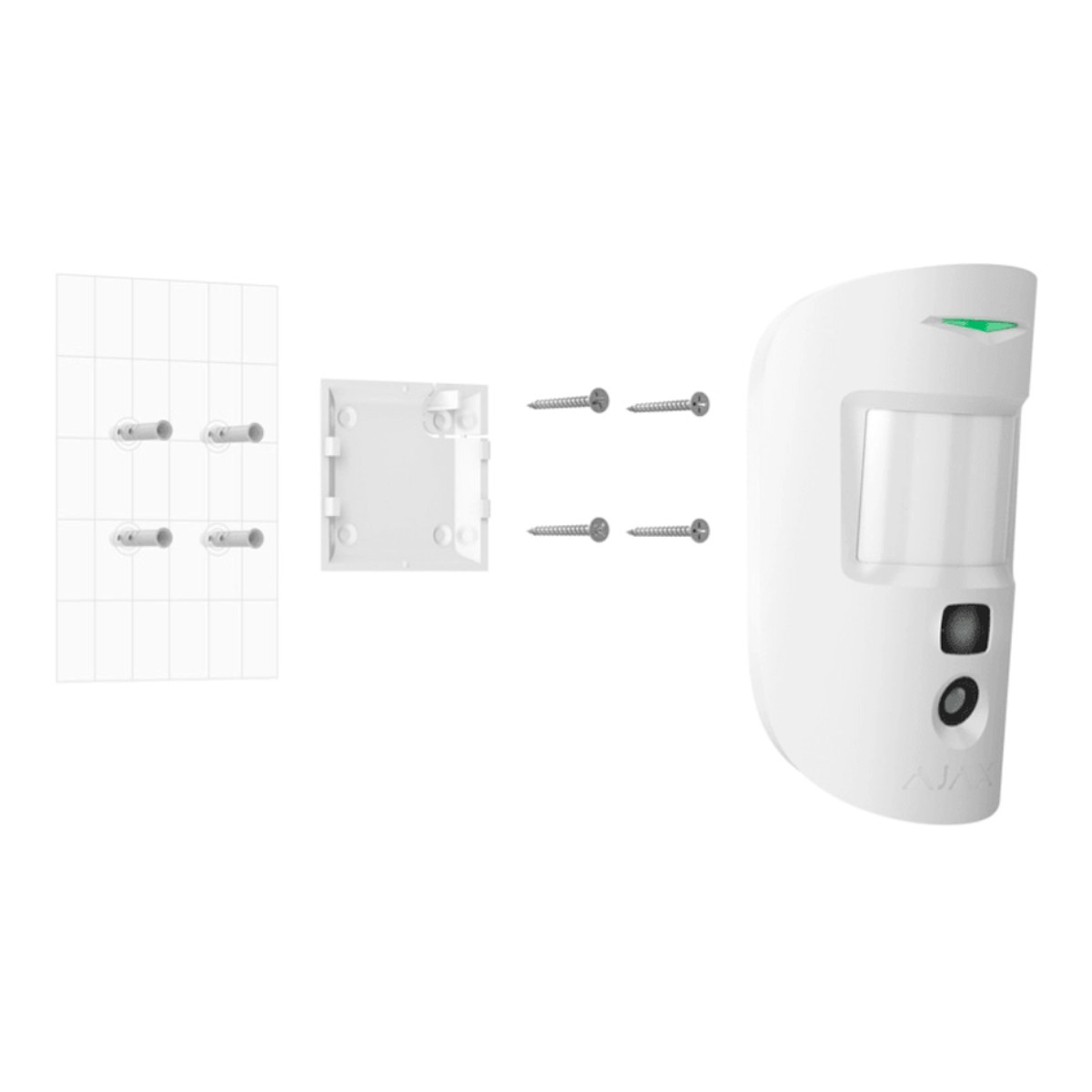 Sensore di movimento bianco con staffa, viti e tasselli su sfondo bianco.
