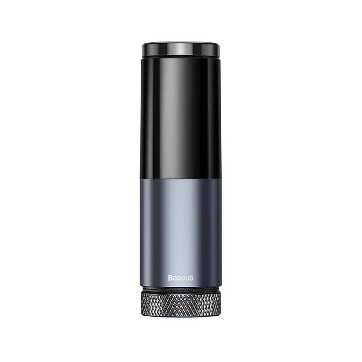 Un elegante dispositivo cilindrico con parte superiore nera e centrale blu.