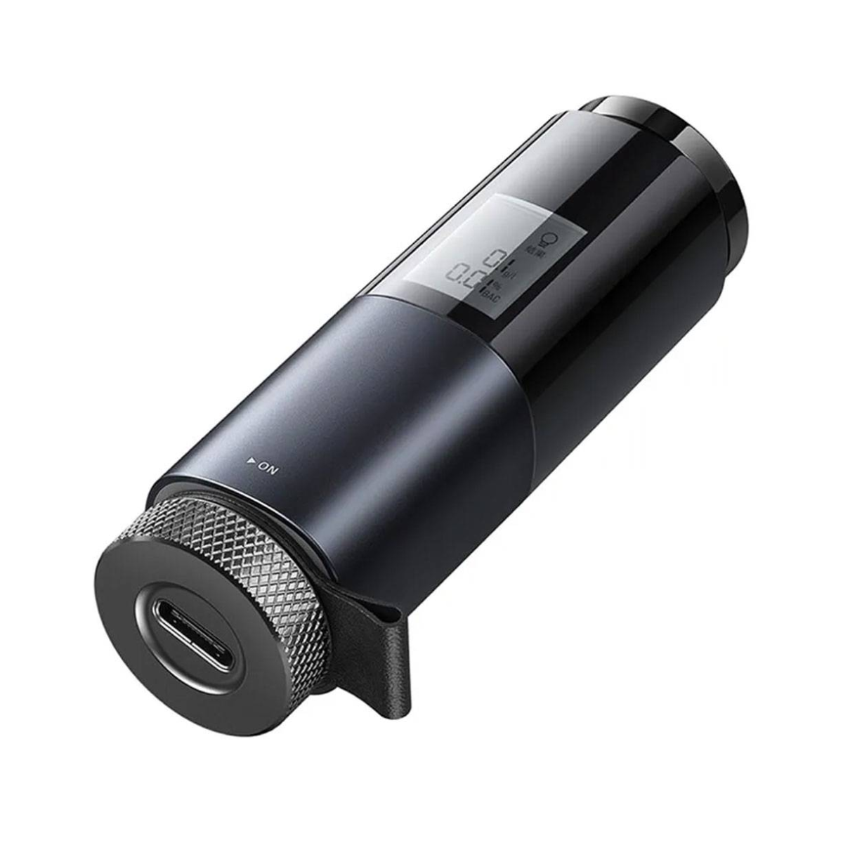 Alcolimetro portatile nero con display digitale che mostra 0,00% BAC.
