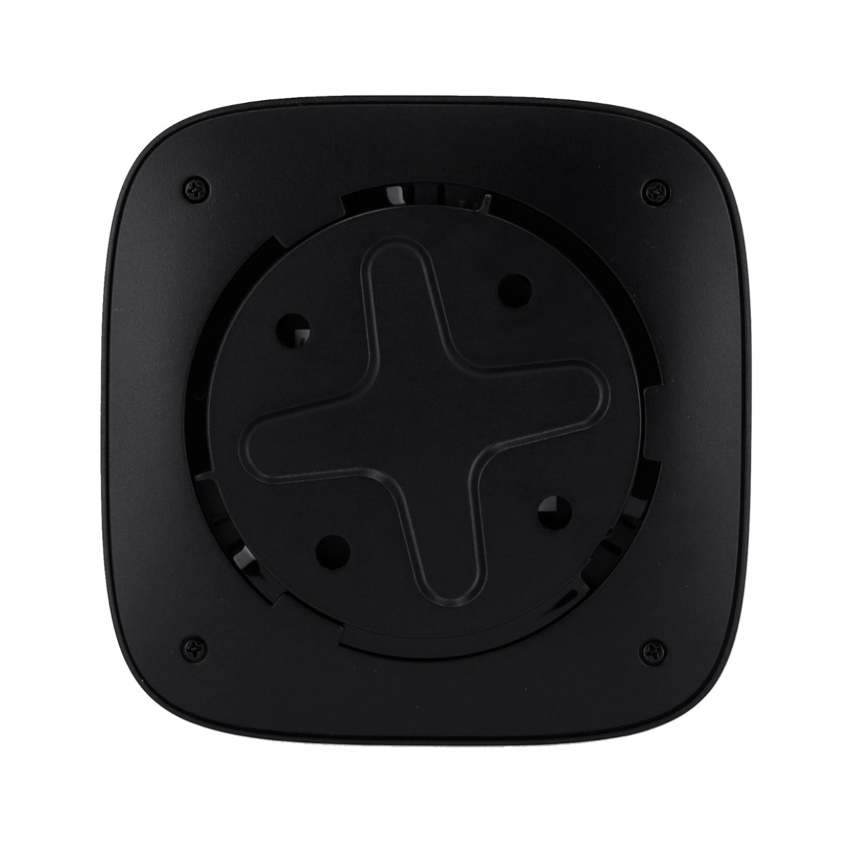 Vista inferiore di un dispositivo nero con un supporto a forma di croce al centro.