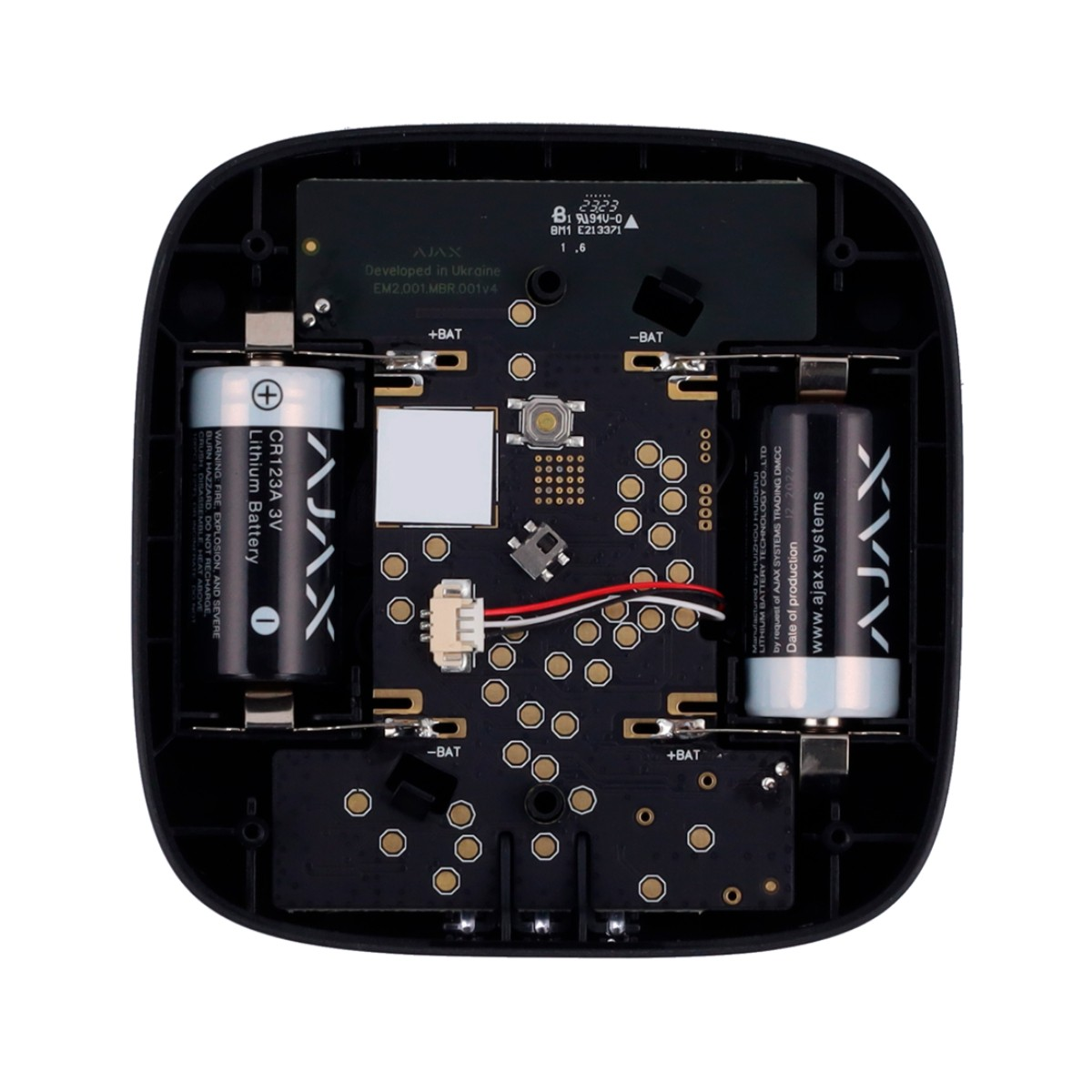 La scheda mostra due batterie, un chip e molti piccoli cerchi.
