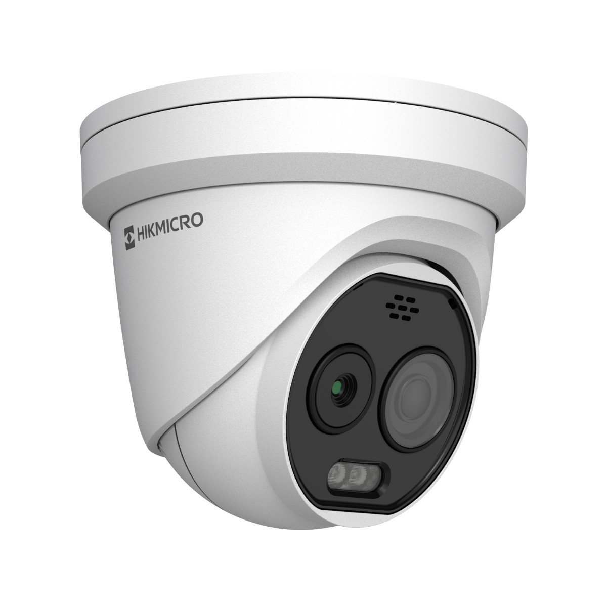 Telecamera di sicurezza Hikmicro bianca con due lenti e illuminatore IR.