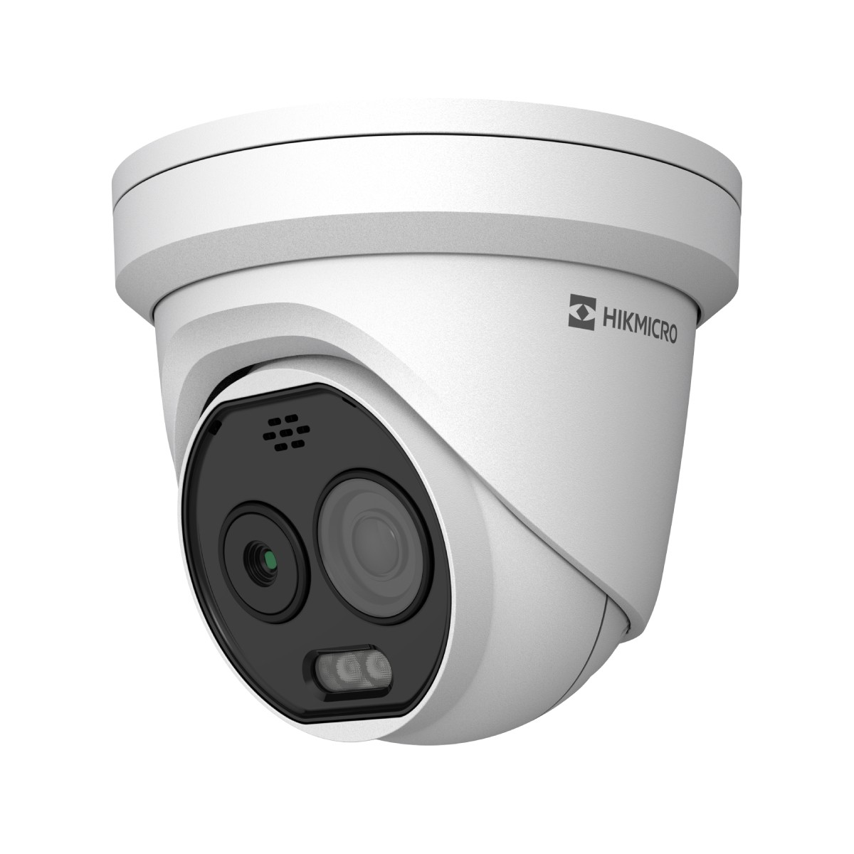 Una telecamera di sicurezza HIKMICRO bianca con lenti e luci su sfondo bianco.
