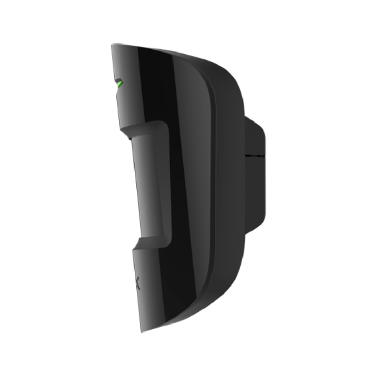 Un rilevatore di movimento nero con una piccola luce verde in alto.