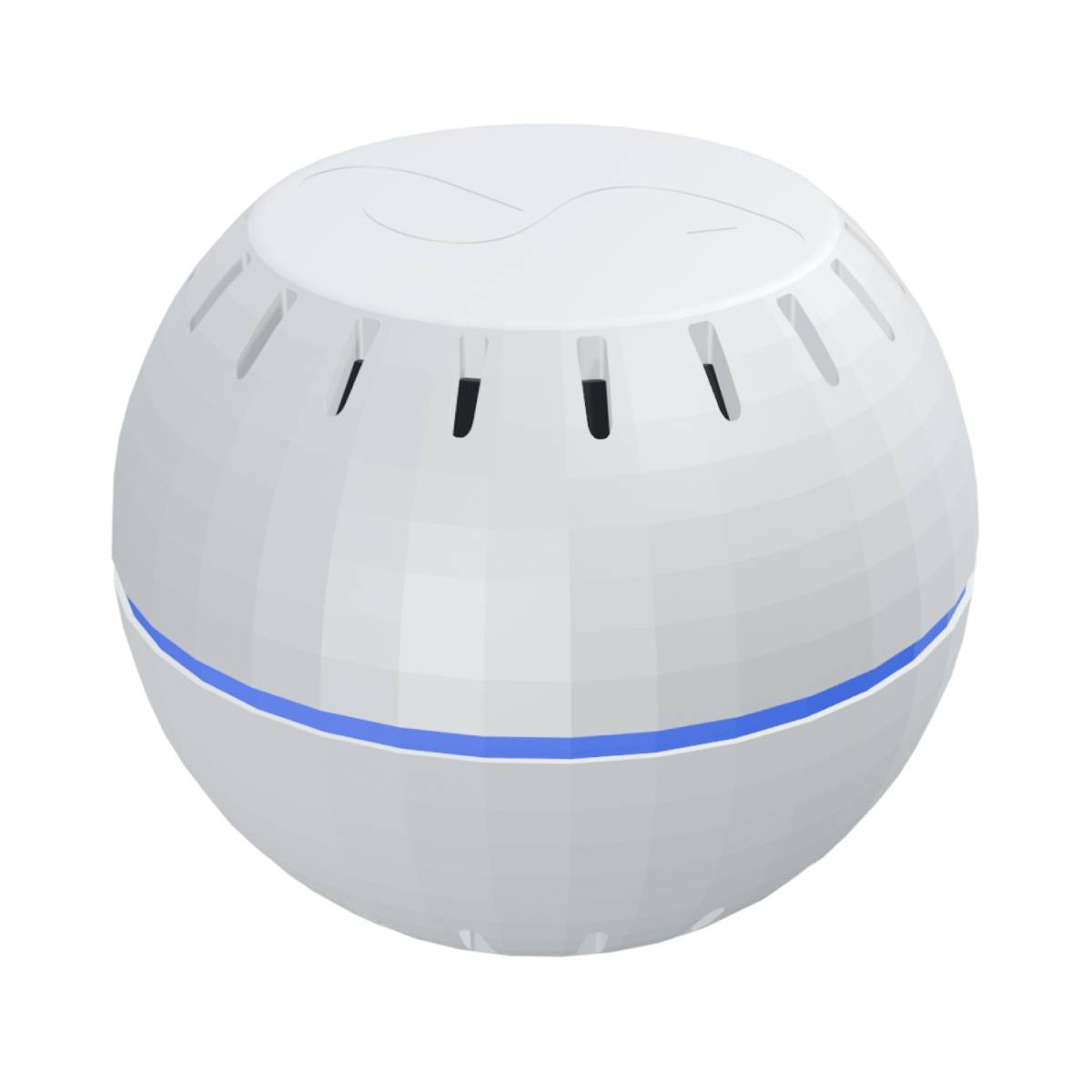 Un altoparlante sferico bianco con accenti blu e fessure di ventilazione.