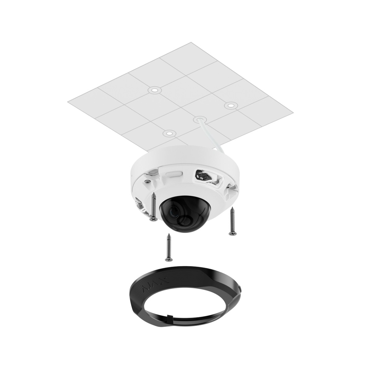 Telecamera di sicurezza bianca montata su soffitto a griglia con viti.