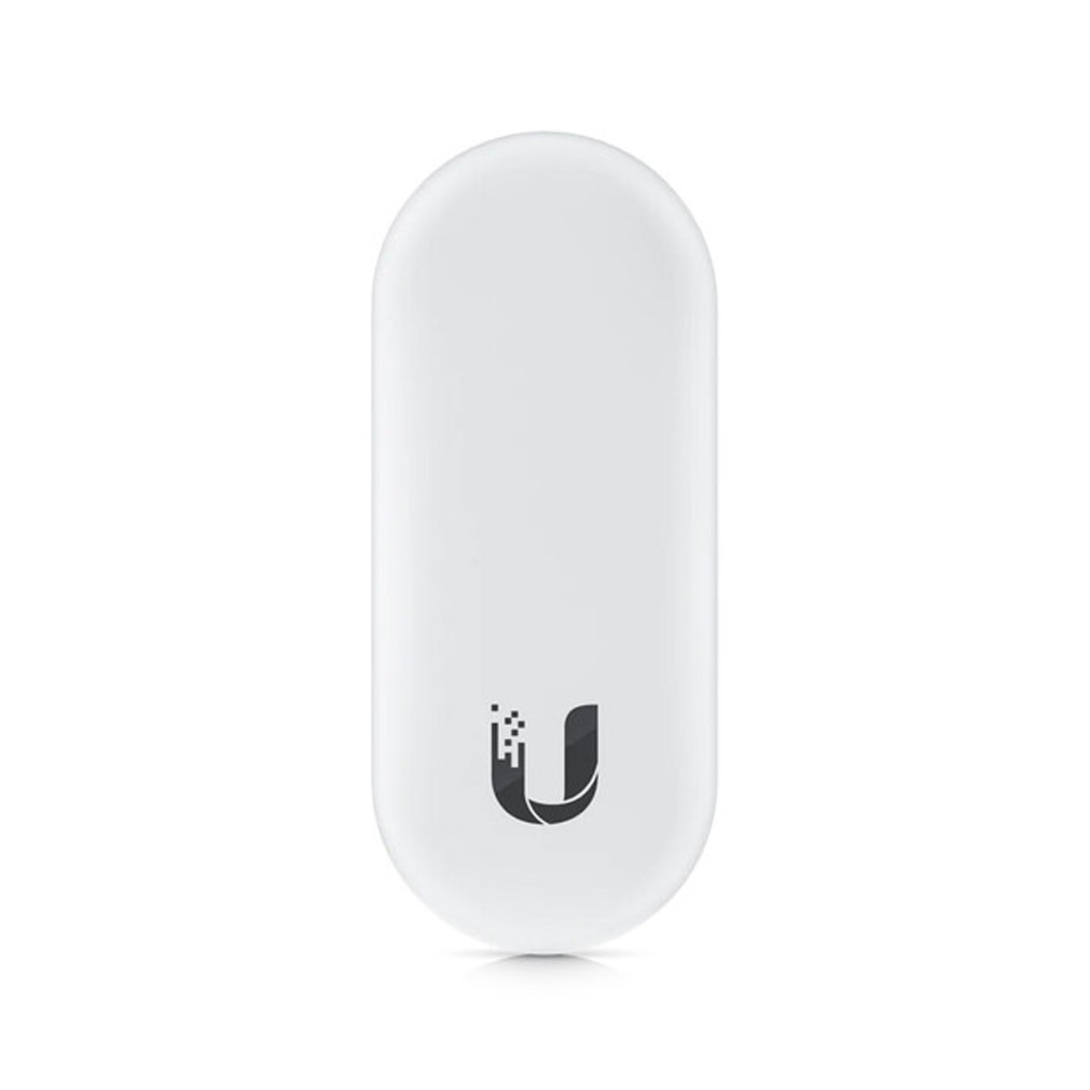 Un dispositivo bianco a forma di pillola con un logo nero a 'U' sul davanti.