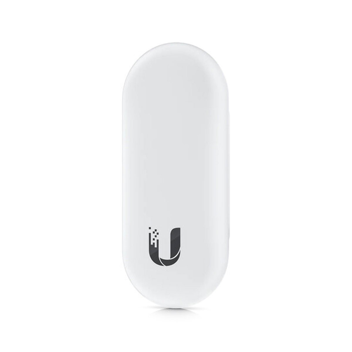 Un dispositivo bianco a forma di pillola con logo Ubiquiti nero sul davanti.