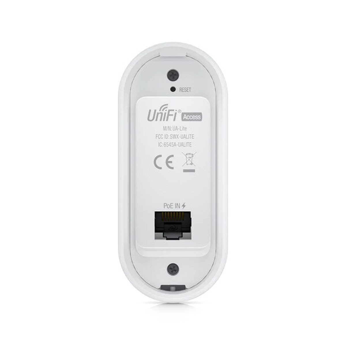 Dispositivo UniFi Access bianco con pulsante di reset, porta PoE e marchi di conformità.